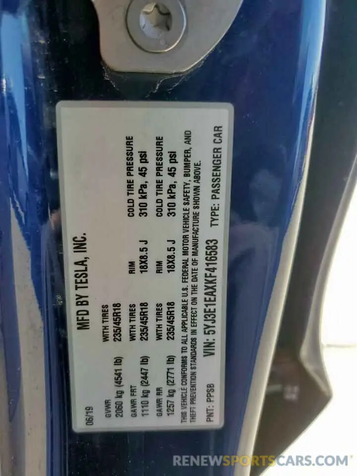 14 fotografías del automóvil dañado 5YJ3E1EAXKF416583 TESLA MODEL 3 2019