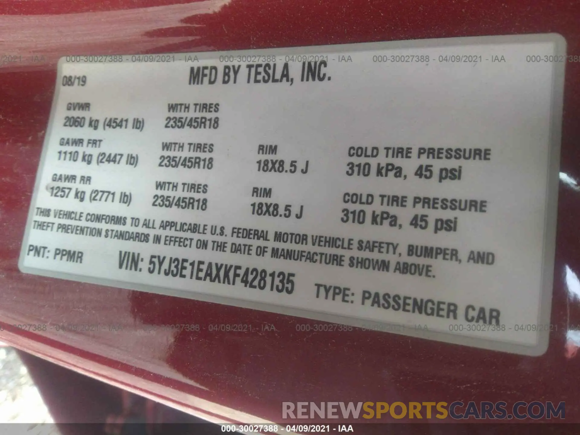 9 fotografías del automóvil dañado 5YJ3E1EAXKF428135 TESLA MODEL 3 2019