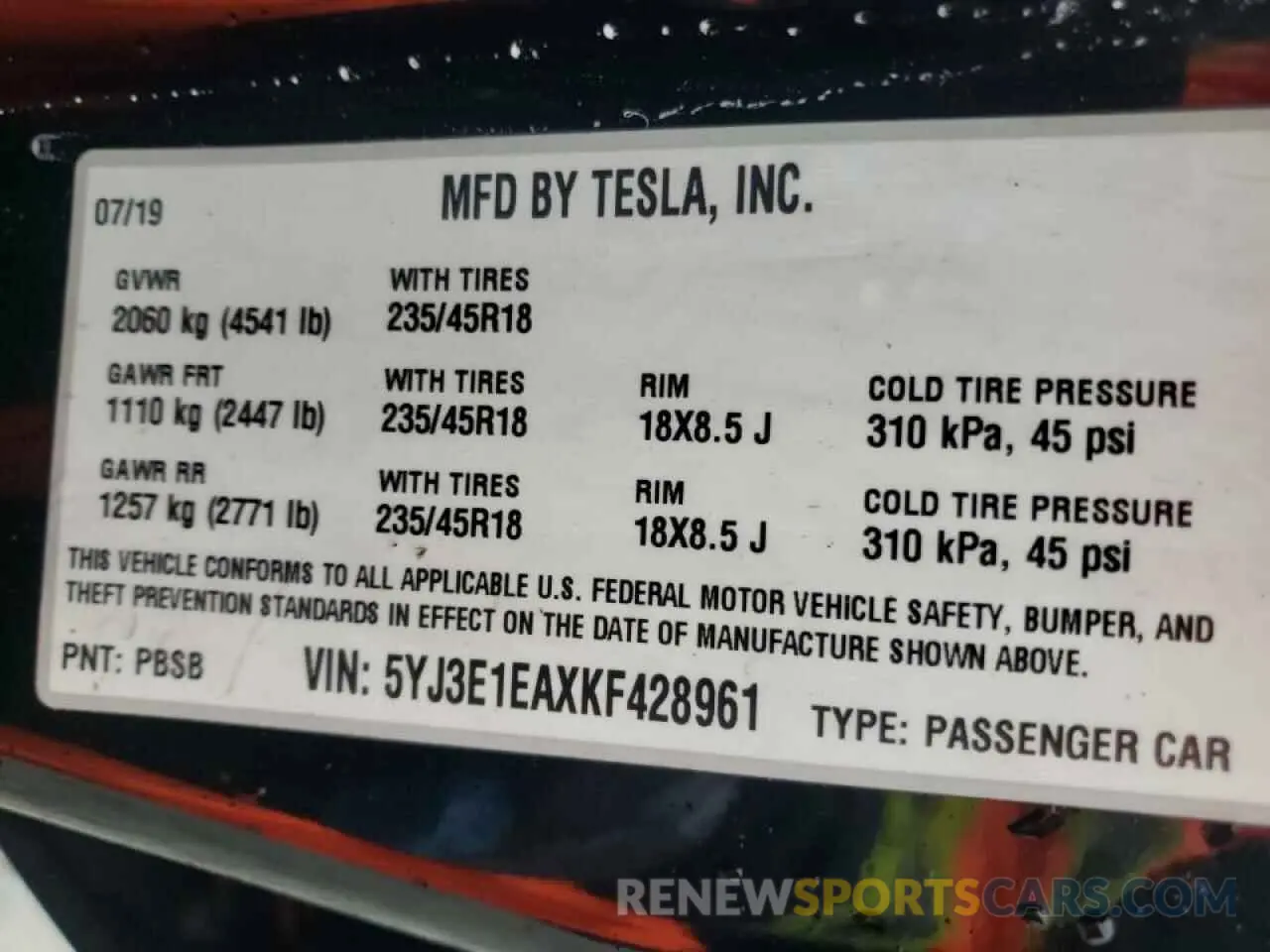 12 fotografías del automóvil dañado 5YJ3E1EAXKF428961 TESLA MODEL 3 2019