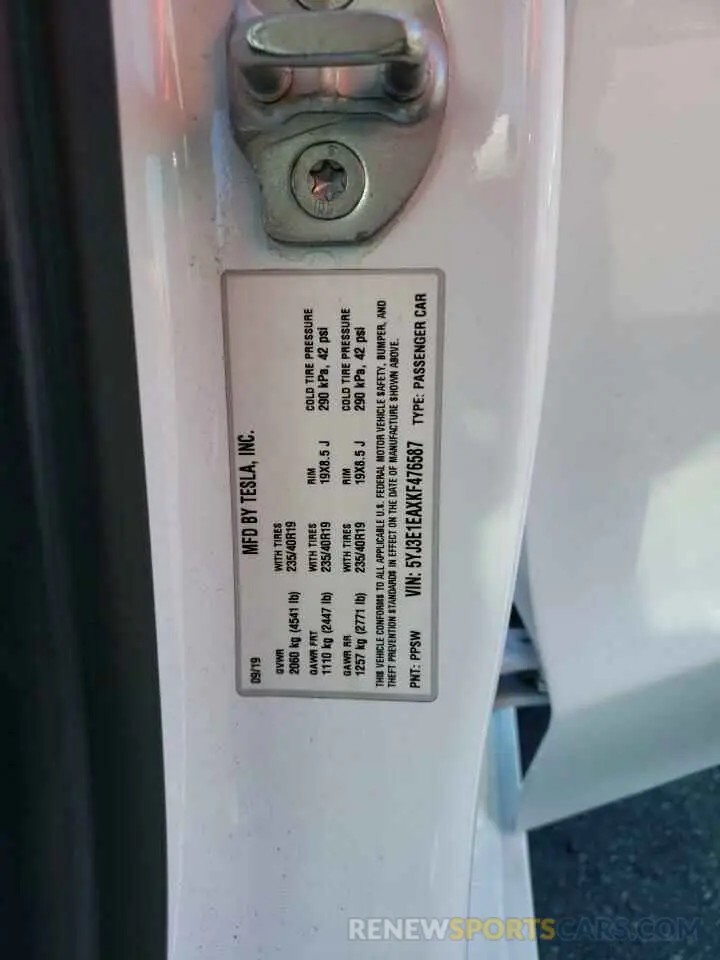 10 fotografías del automóvil dañado 5YJ3E1EAXKF476587 TESLA MODEL 3 2019