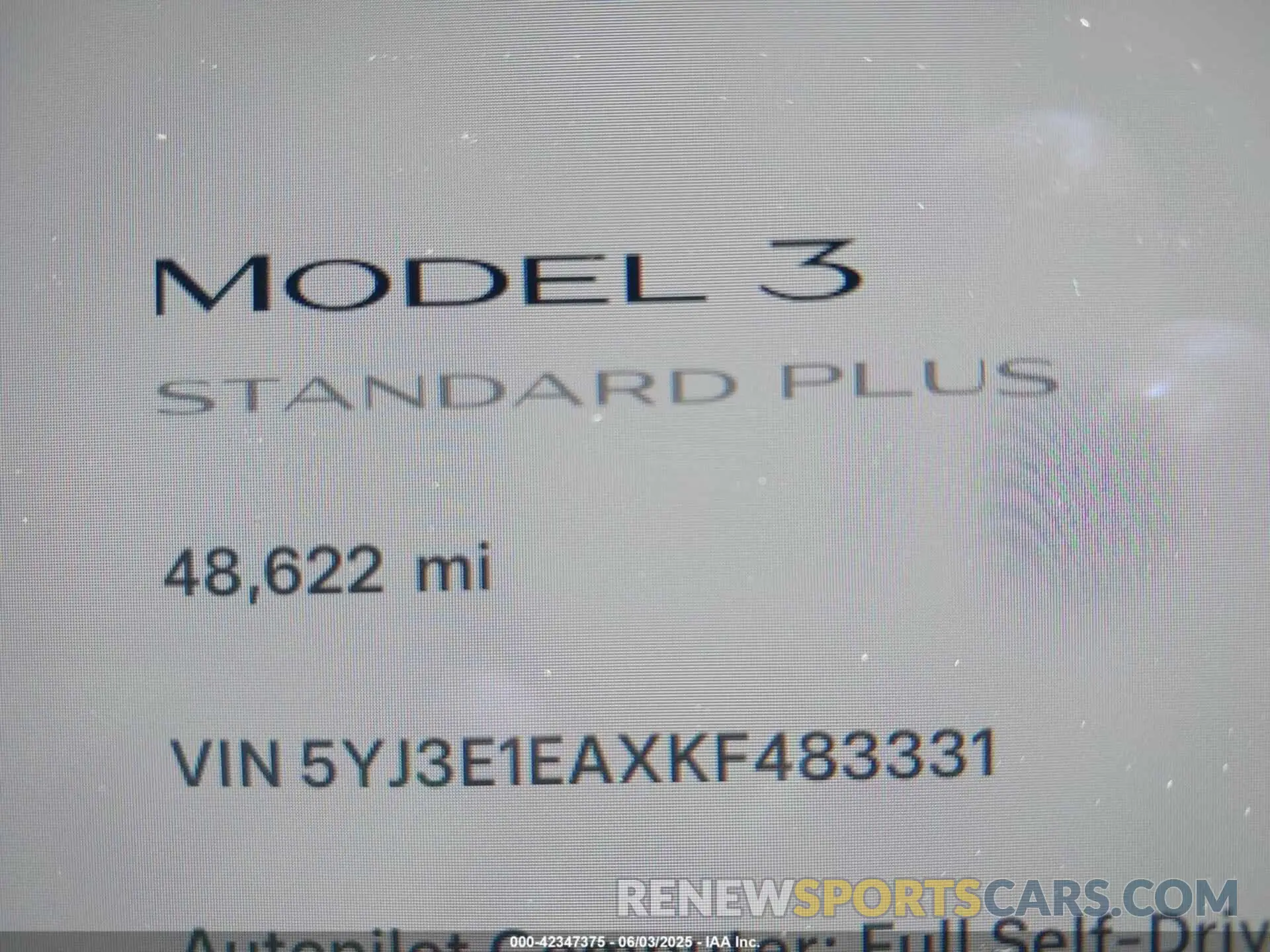 15 fotografías del automóvil dañado 5YJ3E1EAXKF483331 TESLA MODEL 3 2019
