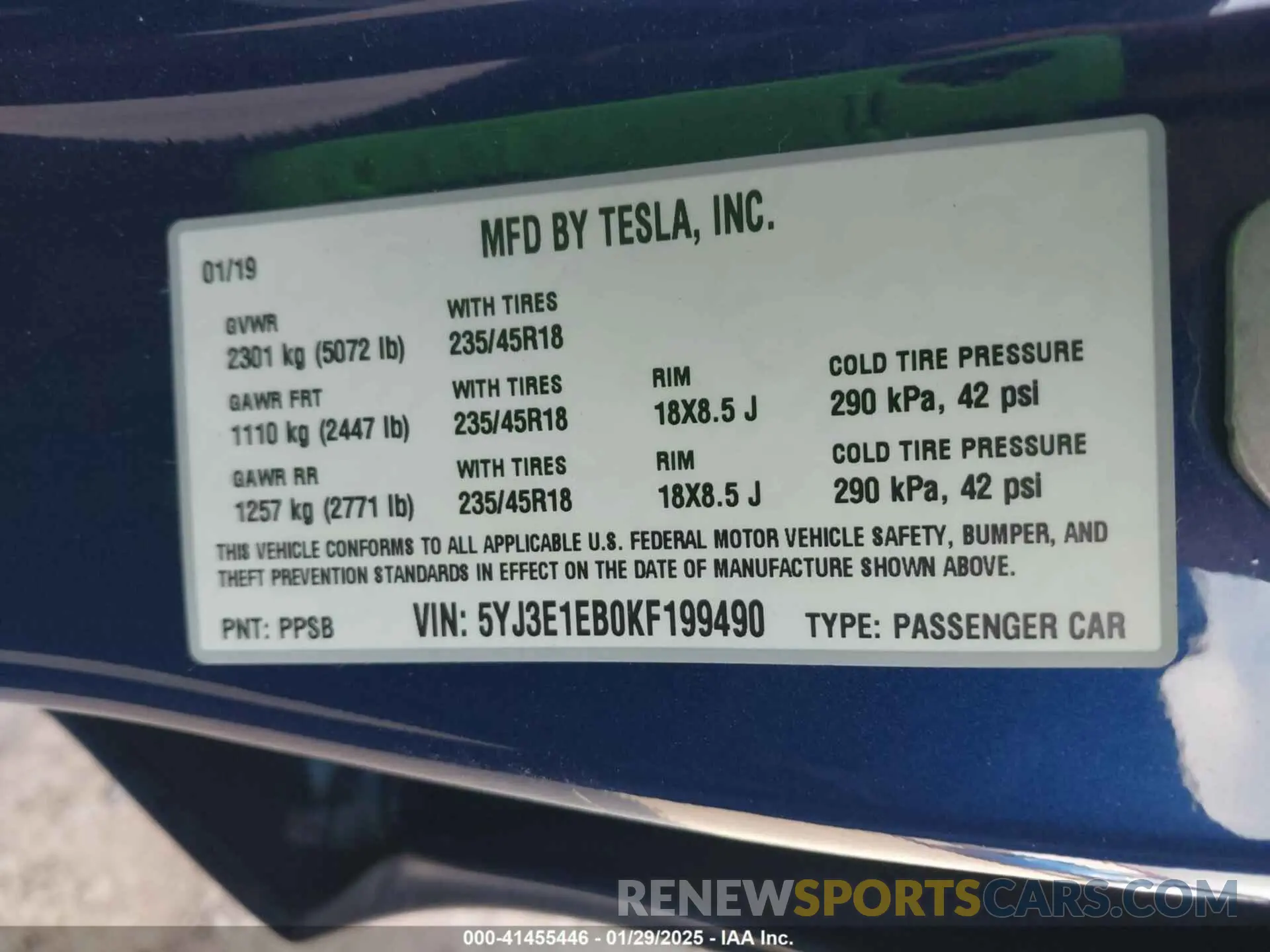 9 fotografías del automóvil dañado 5YJ3E1EB0KF199490 TESLA MODEL 3 2019