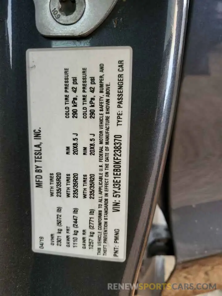 16 fotografías del automóvil dañado 5YJ3E1EB0KF238370 TESLA MODEL 3 2019