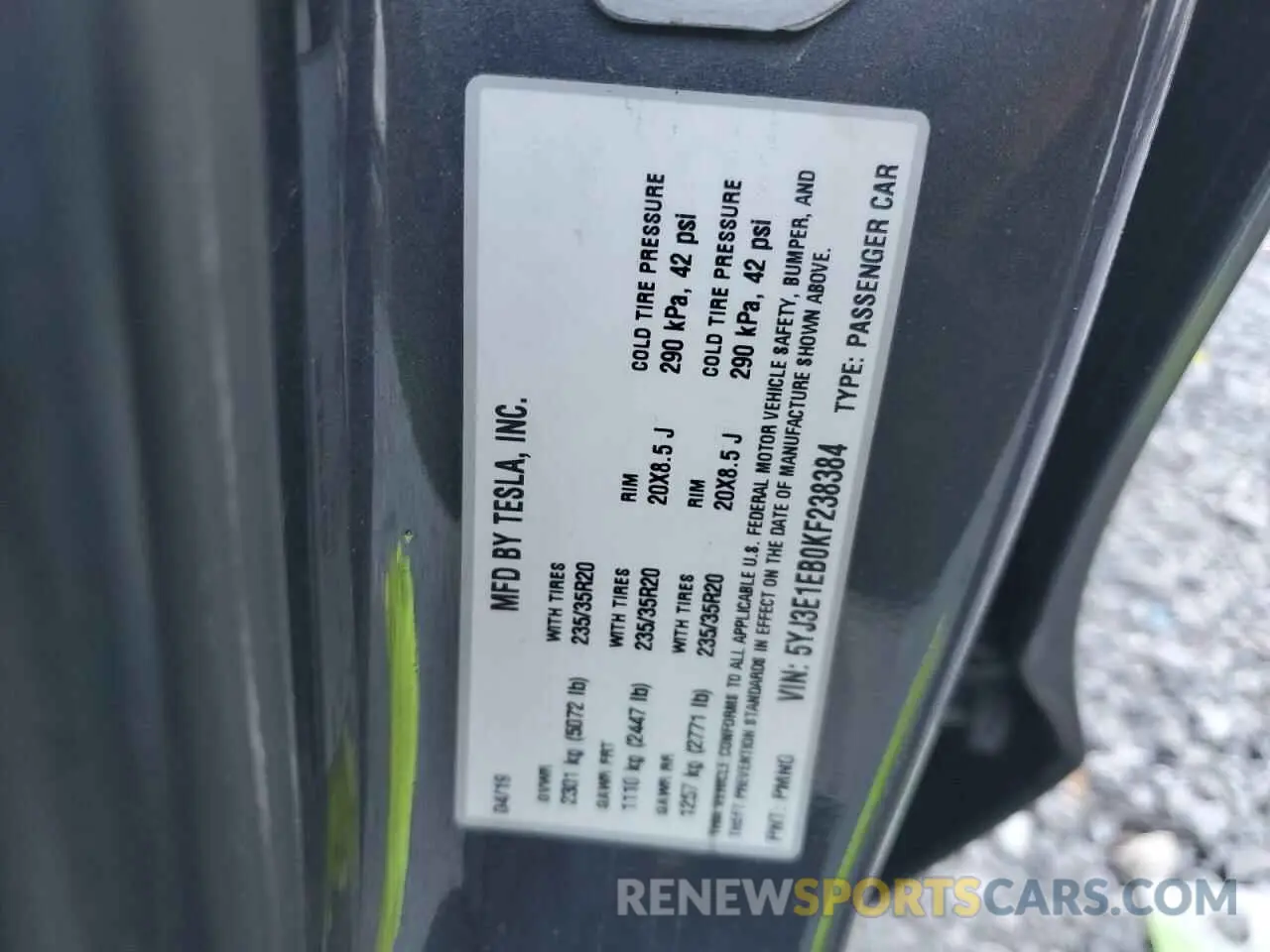 12 fotografías del automóvil dañado 5YJ3E1EB0KF238384 TESLA MODEL 3 2019