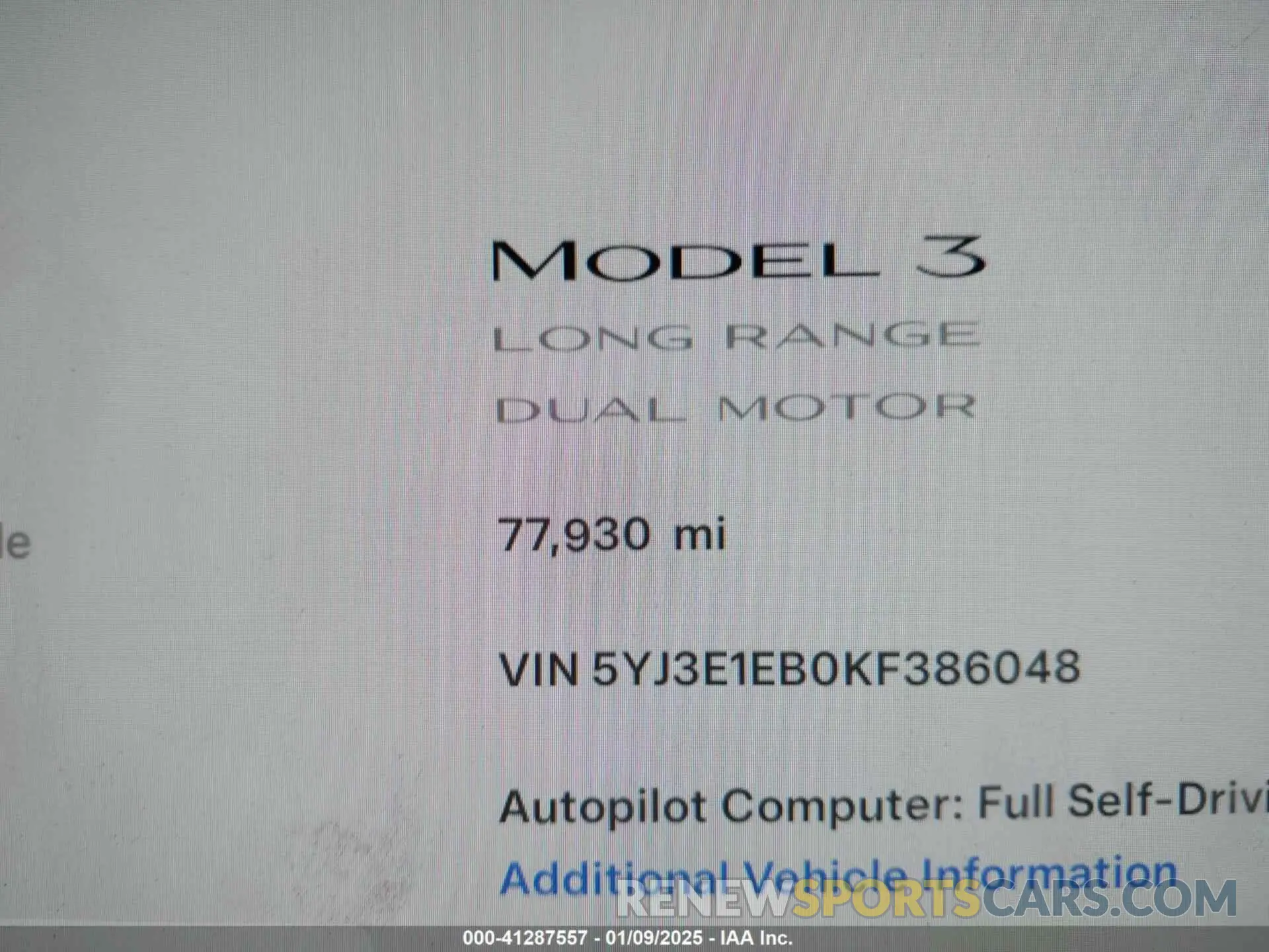15 fotografías del automóvil dañado 5YJ3E1EB0KF386048 TESLA MODEL 3 2019