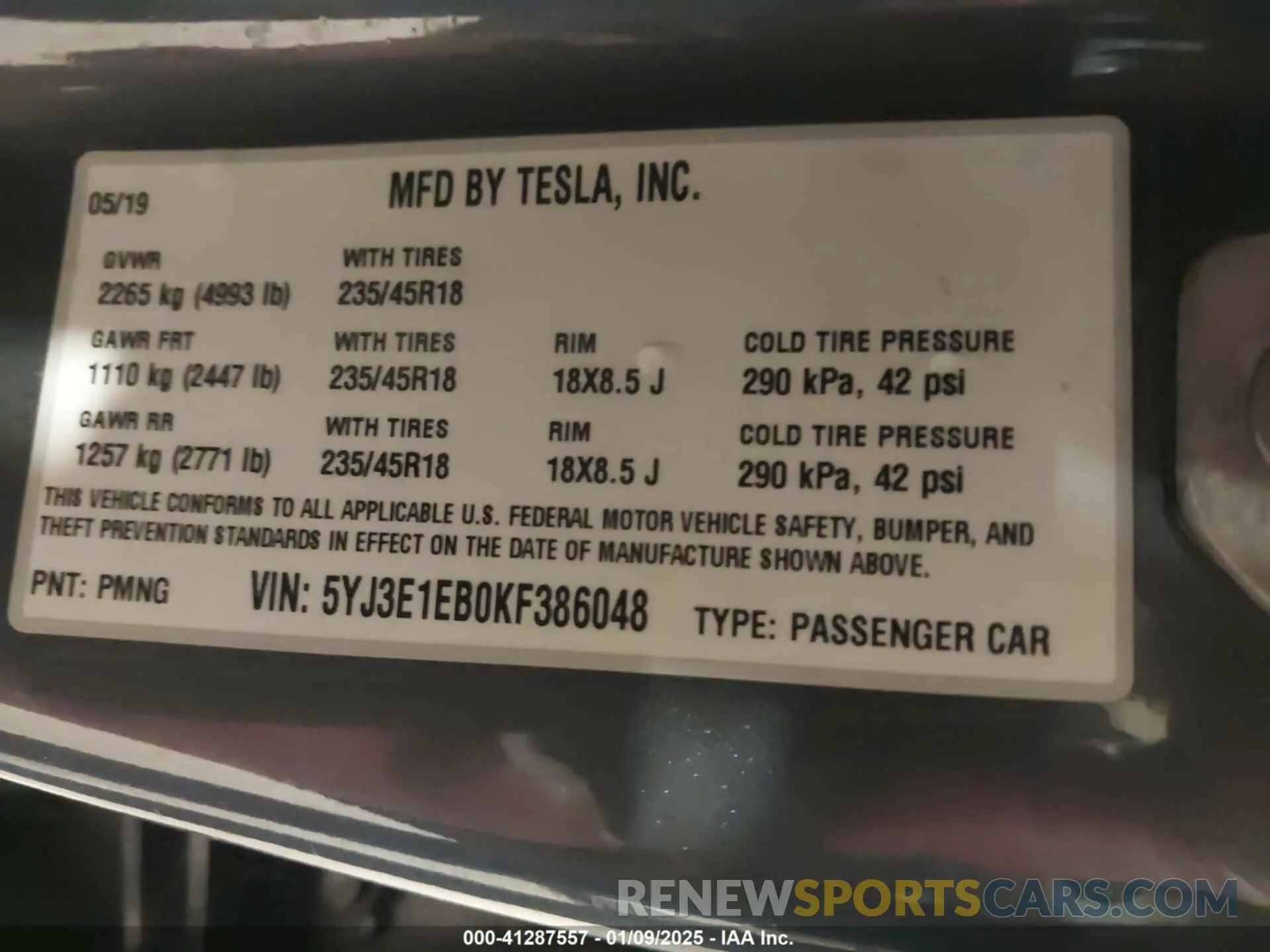 9 fotografías del automóvil dañado 5YJ3E1EB0KF386048 TESLA MODEL 3 2019