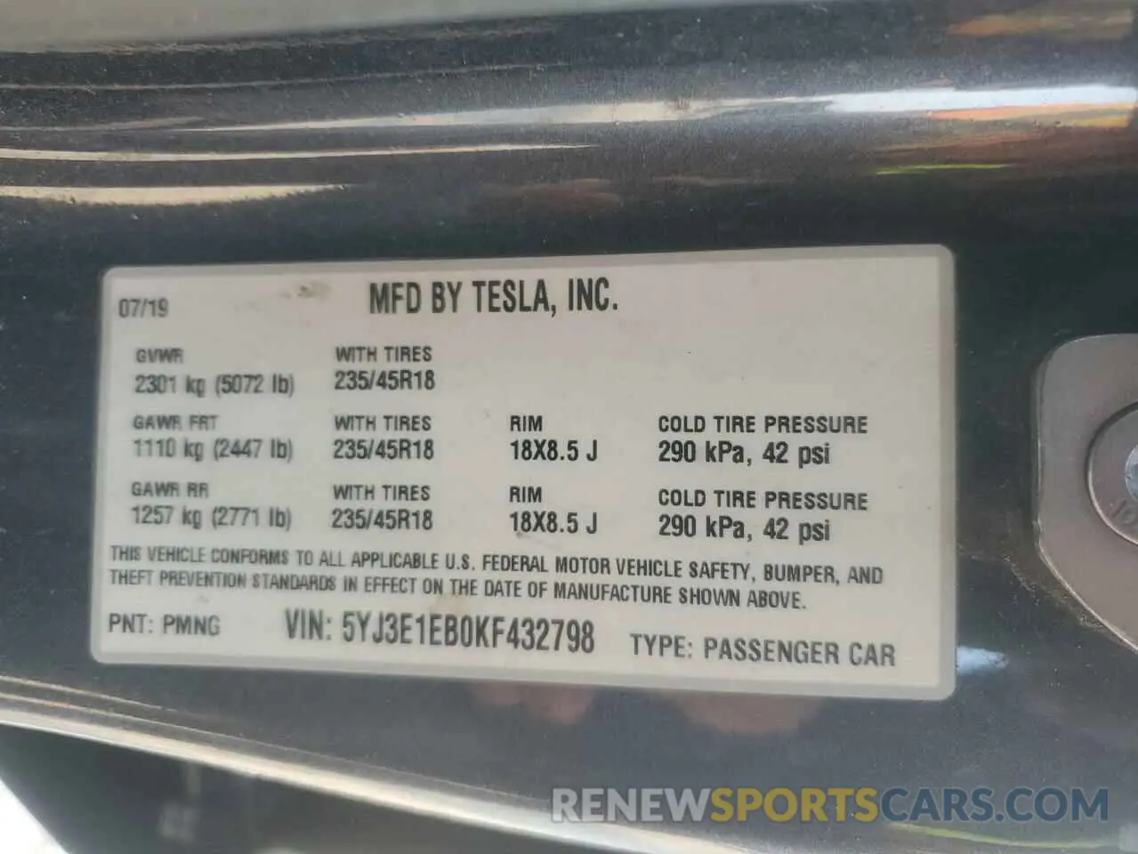 15 fotografías del automóvil dañado 5YJ3E1EB0KF432798 TESLA MODEL 3 2019