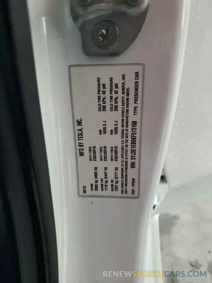 13 fotografías del automóvil dañado 5YJ3E1EB0KF513168 TESLA MODEL 3 2019
