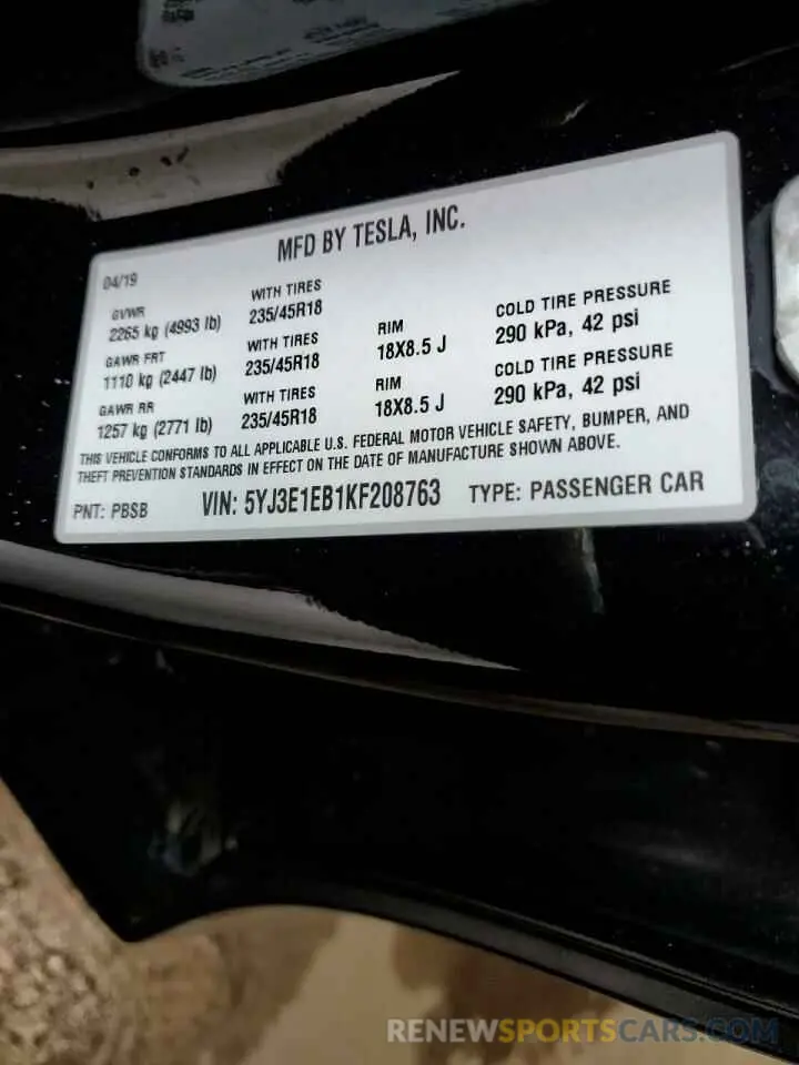 10 fotografías del automóvil dañado 5YJ3E1EB1KF208763 TESLA MODEL 3 2019