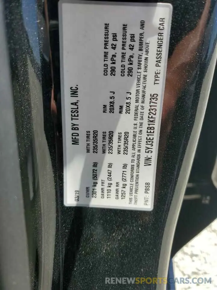 12 fotografías del automóvil dañado 5YJ3E1EB1KF231735 TESLA MODEL 3 2019