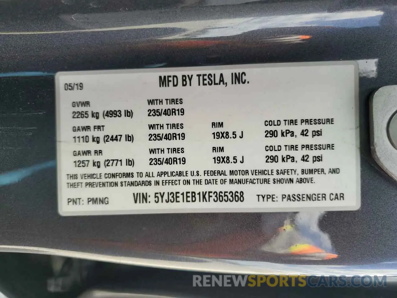 12 fotografías del automóvil dañado 5YJ3E1EB1KF365368 TESLA MODEL 3 2019