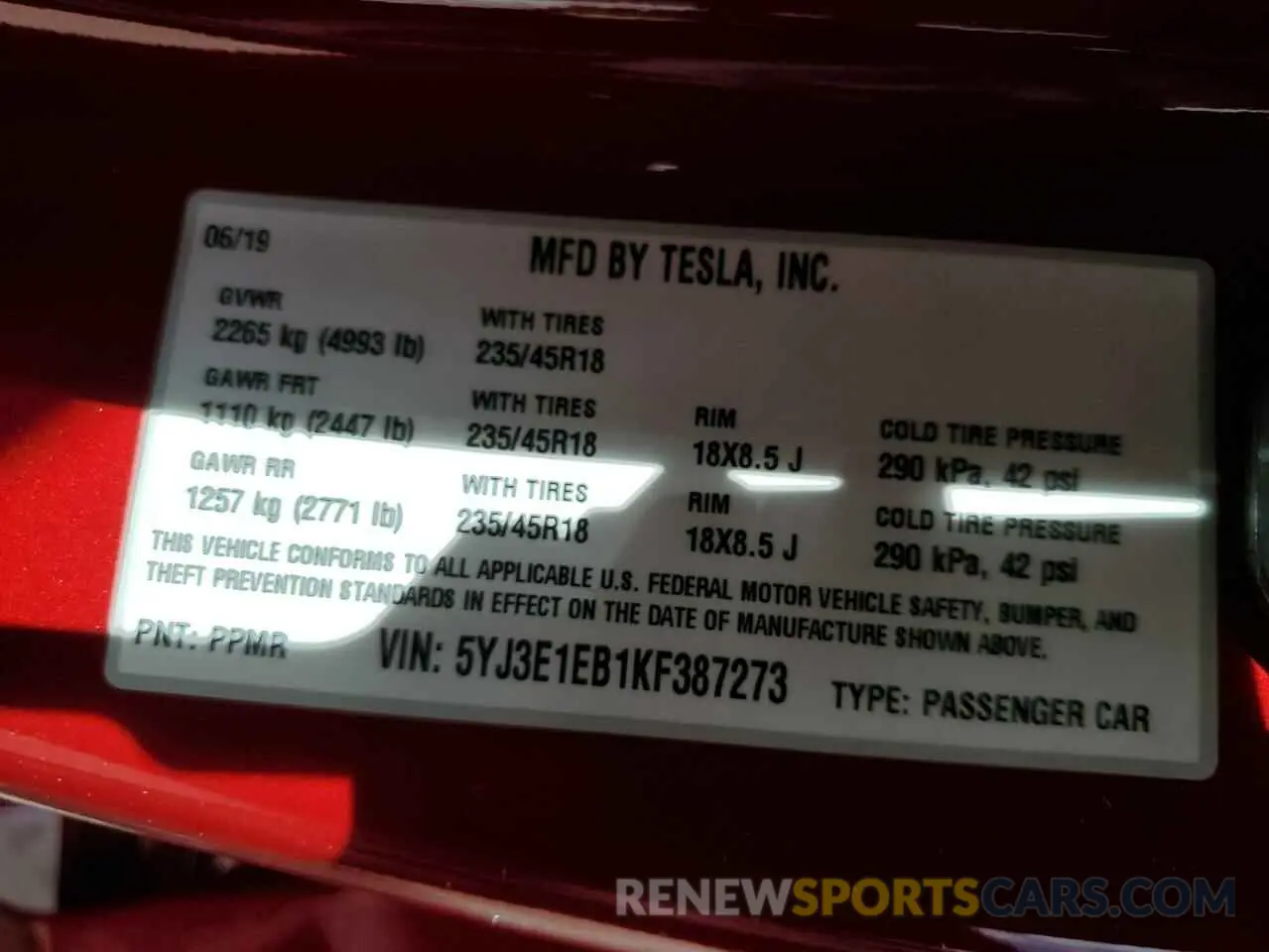 15 fotografías del automóvil dañado 5YJ3E1EB1KF387273 TESLA MODEL 3 2019