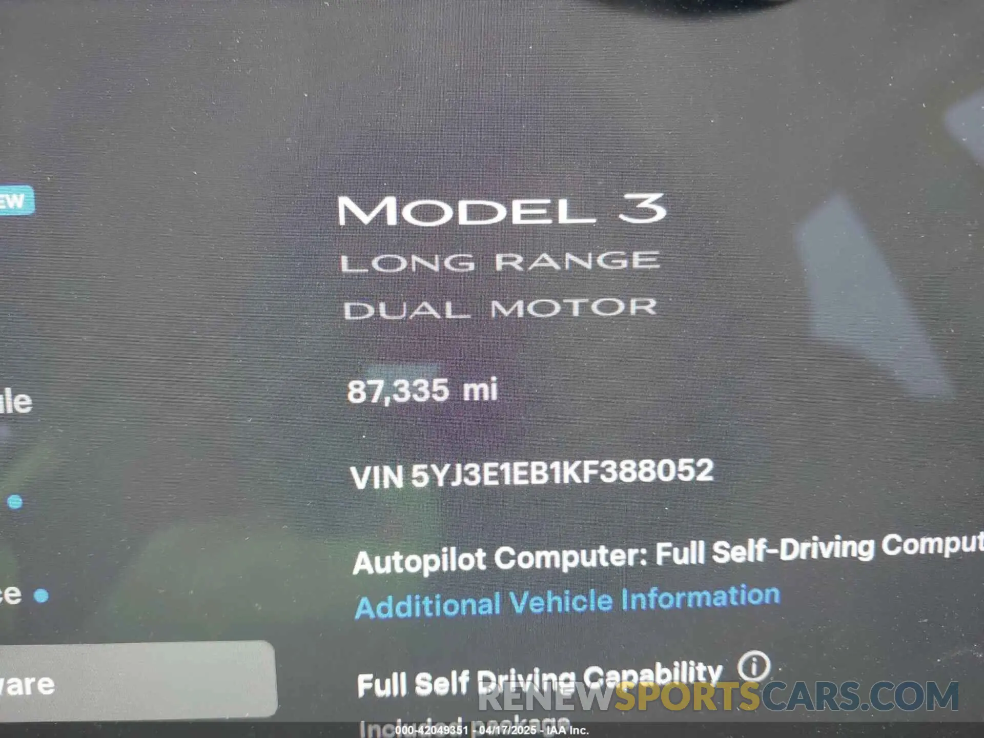 16 fotografías del automóvil dañado 5YJ3E1EB1KF388052 TESLA MODEL 3 2019