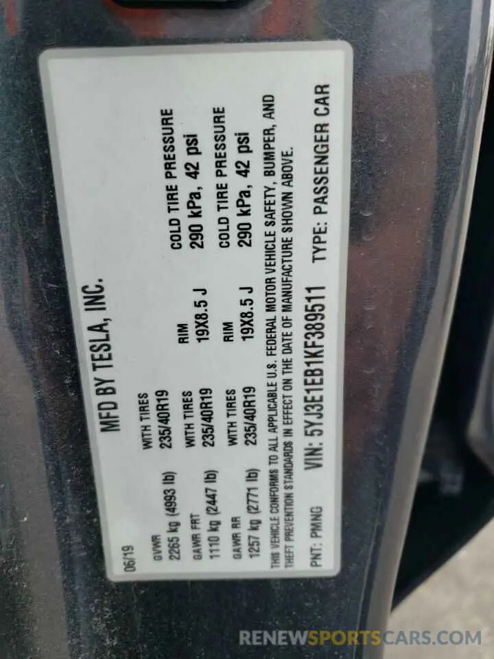 13 fotografías del automóvil dañado 5YJ3E1EB1KF389511 TESLA MODEL 3 2019