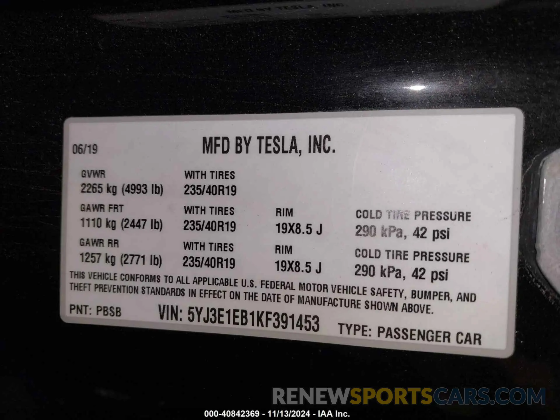 9 fotografías del automóvil dañado 5YJ3E1EB1KF391453 TESLA MODEL 3 2019