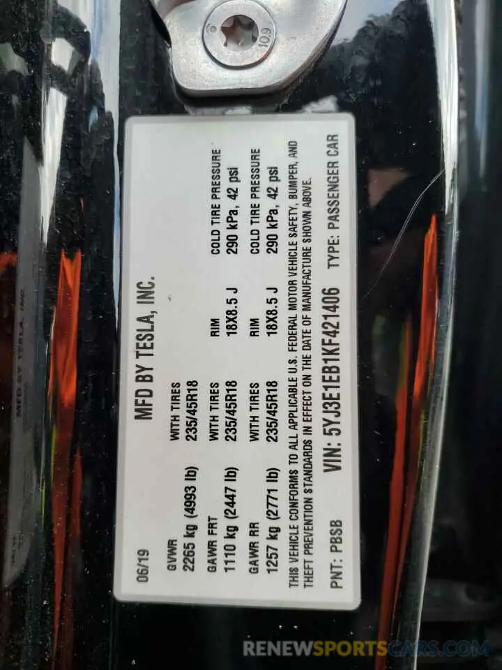 12 fotografías del automóvil dañado 5YJ3E1EB1KF421406 TESLA MODEL 3 2019