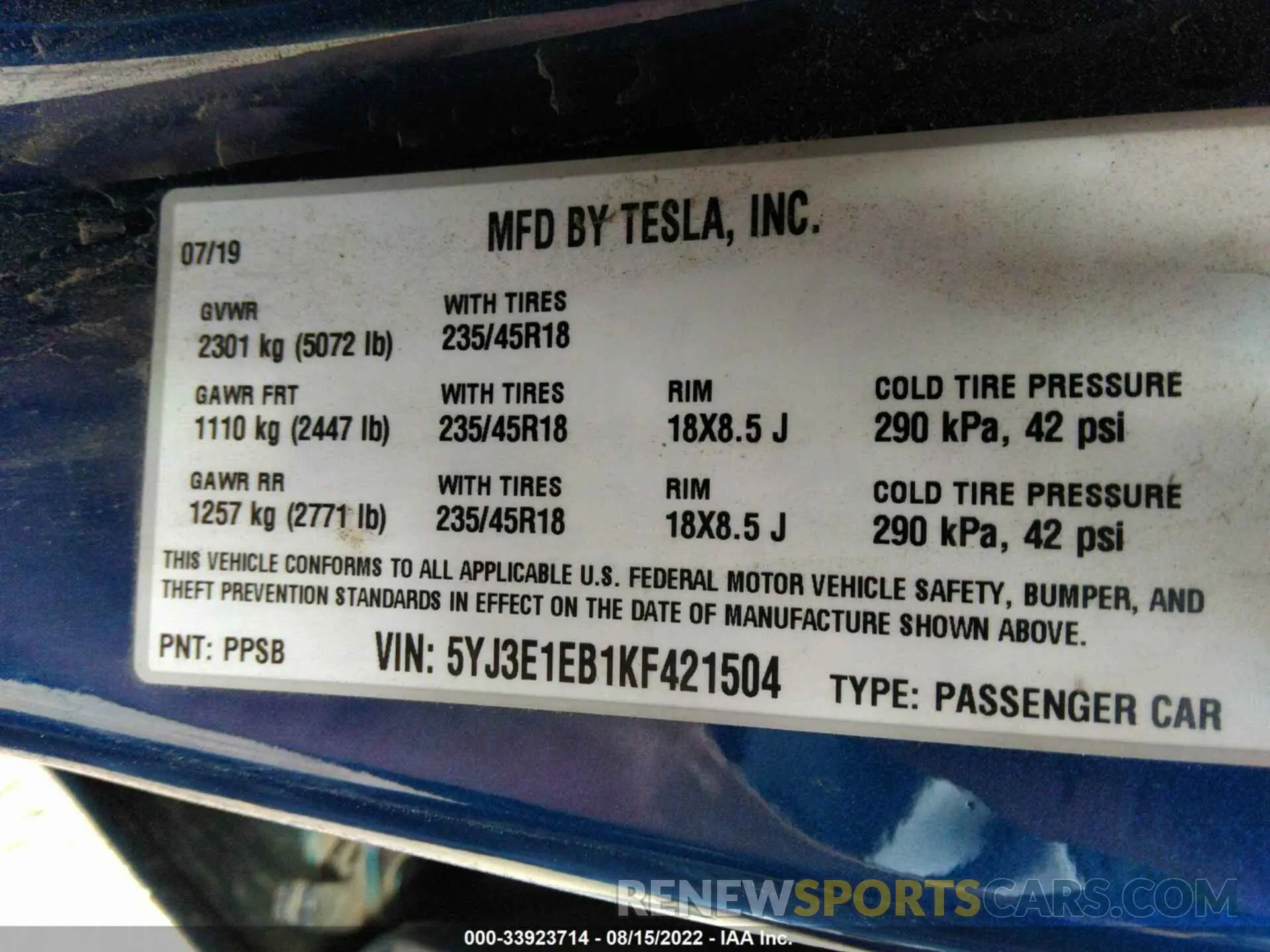 9 fotografías del automóvil dañado 5YJ3E1EB1KF421504 TESLA MODEL 3 2019