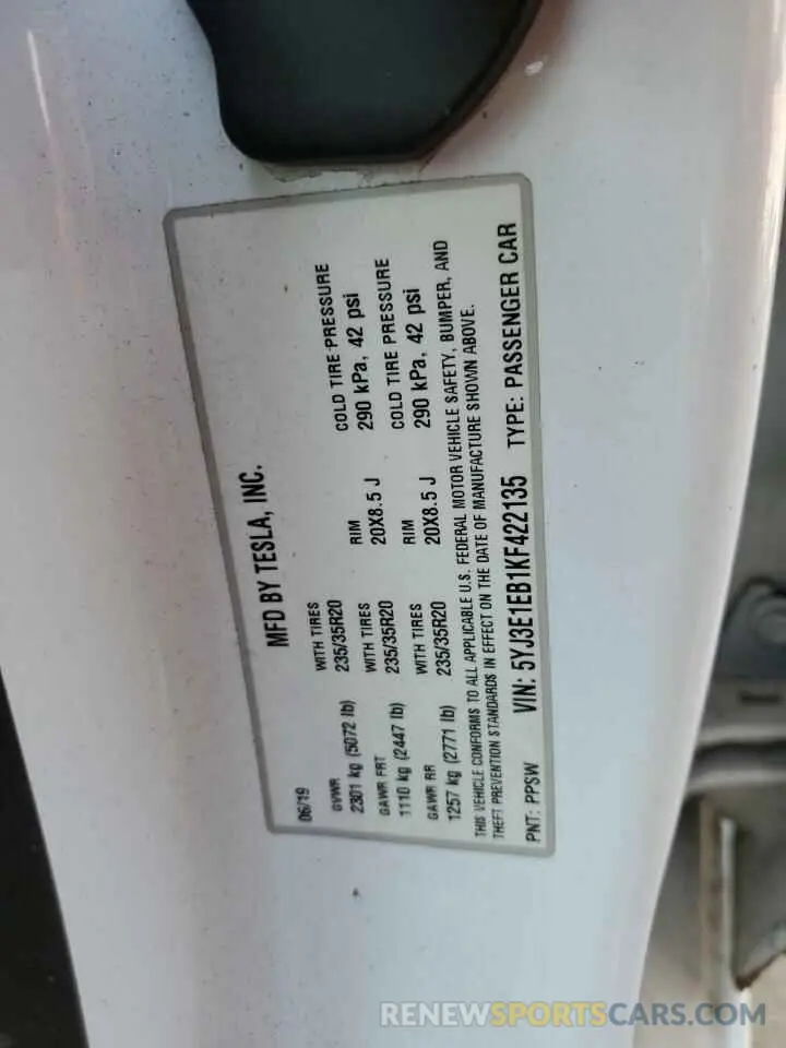 14 fotografías del automóvil dañado 5YJ3E1EB1KF422135 TESLA MODEL 3 2019