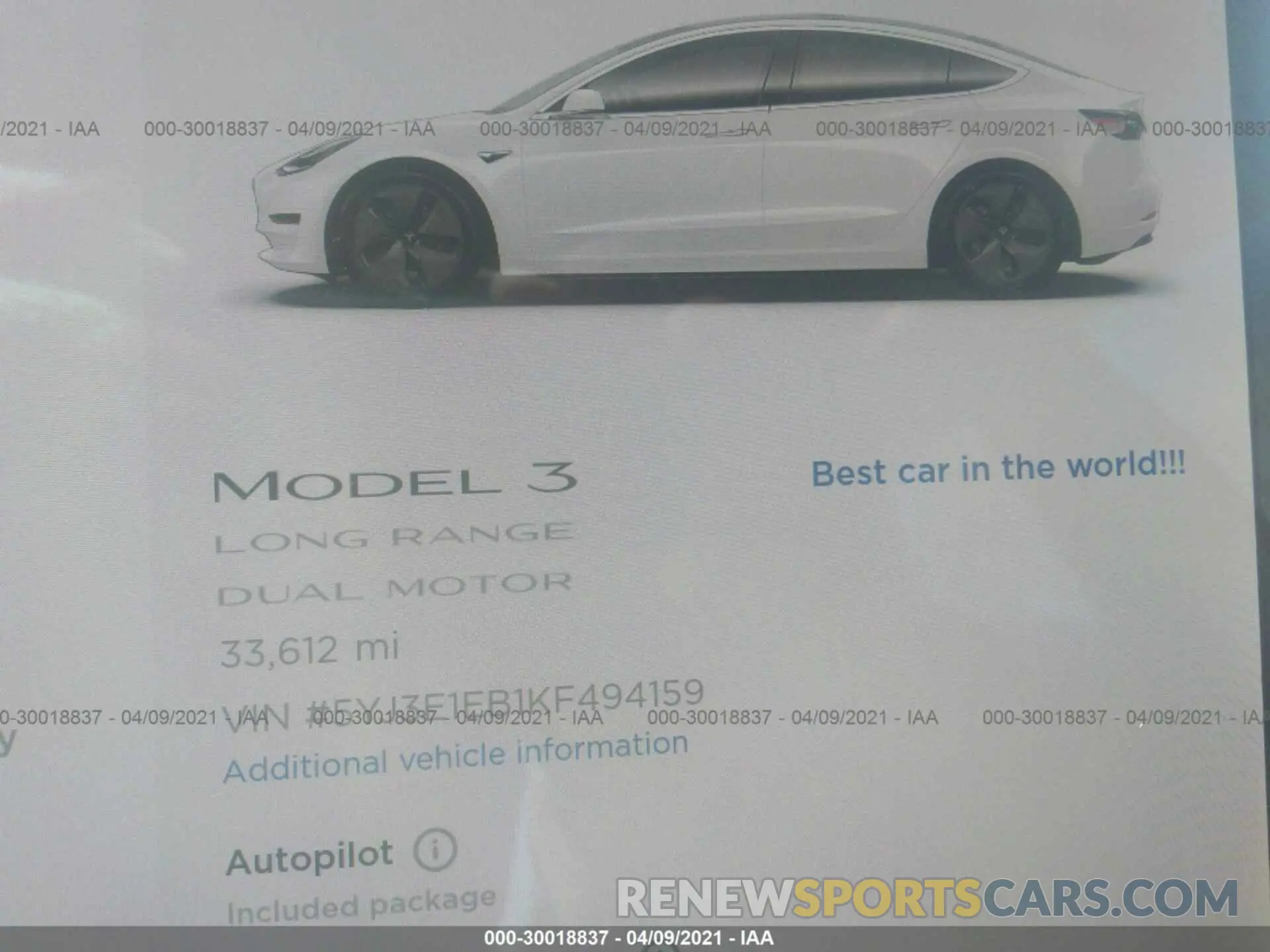 7 fotografías del automóvil dañado 5YJ3E1EB1KF494159 TESLA MODEL 3 2019
