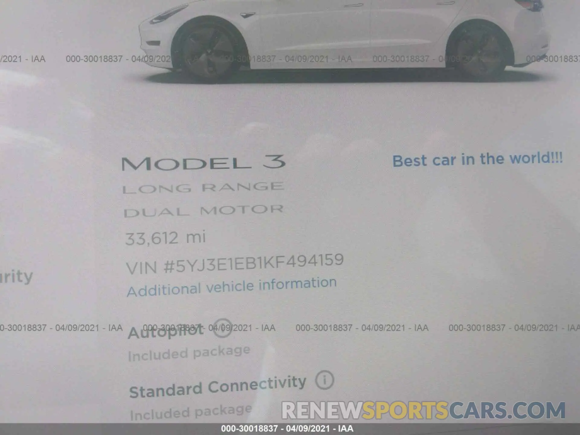 9 fotografías del automóvil dañado 5YJ3E1EB1KF494159 TESLA MODEL 3 2019