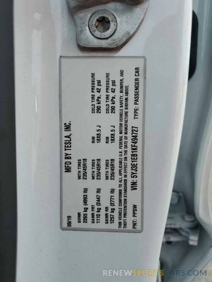 13 fotografías del automóvil dañado 5YJ3E1EB1KF494727 TESLA MODEL 3 2019