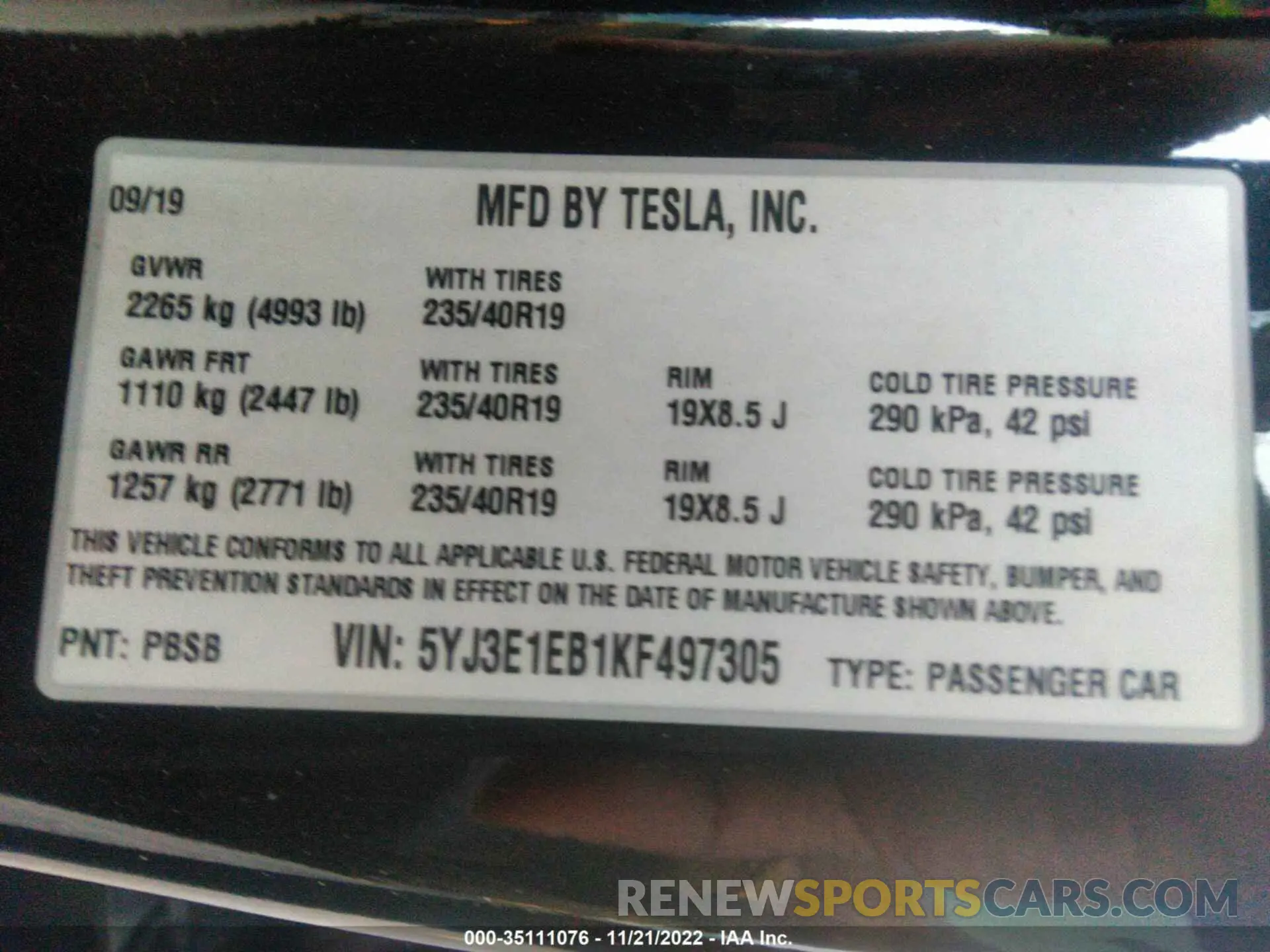 9 fotografías del automóvil dañado 5YJ3E1EB1KF497305 TESLA MODEL 3 2019