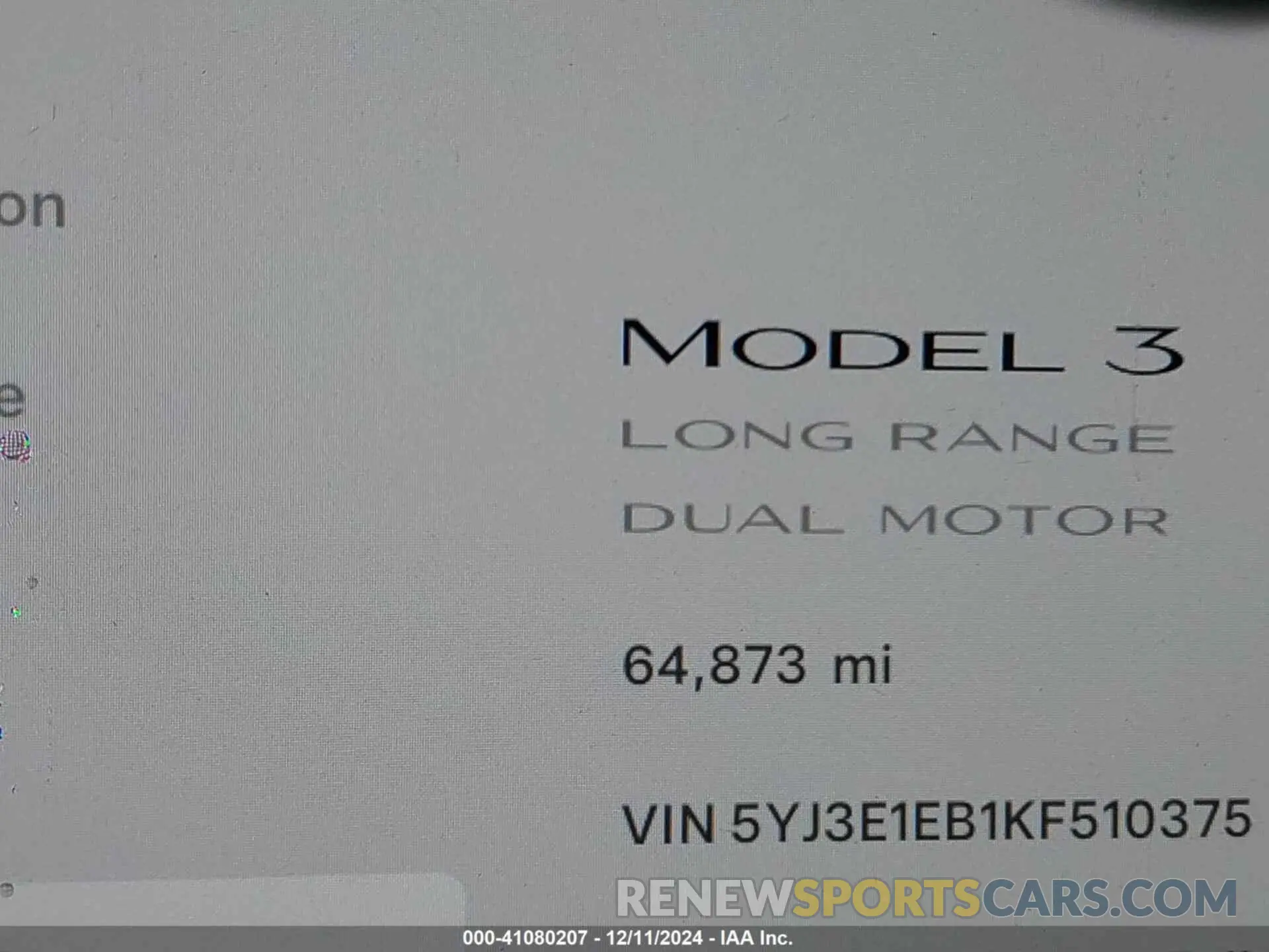 15 fotografías del automóvil dañado 5YJ3E1EB1KF510375 TESLA MODEL 3 2019