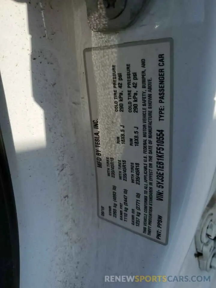 12 fotografías del automóvil dañado 5YJ3E1EB1KF510554 TESLA MODEL 3 2019