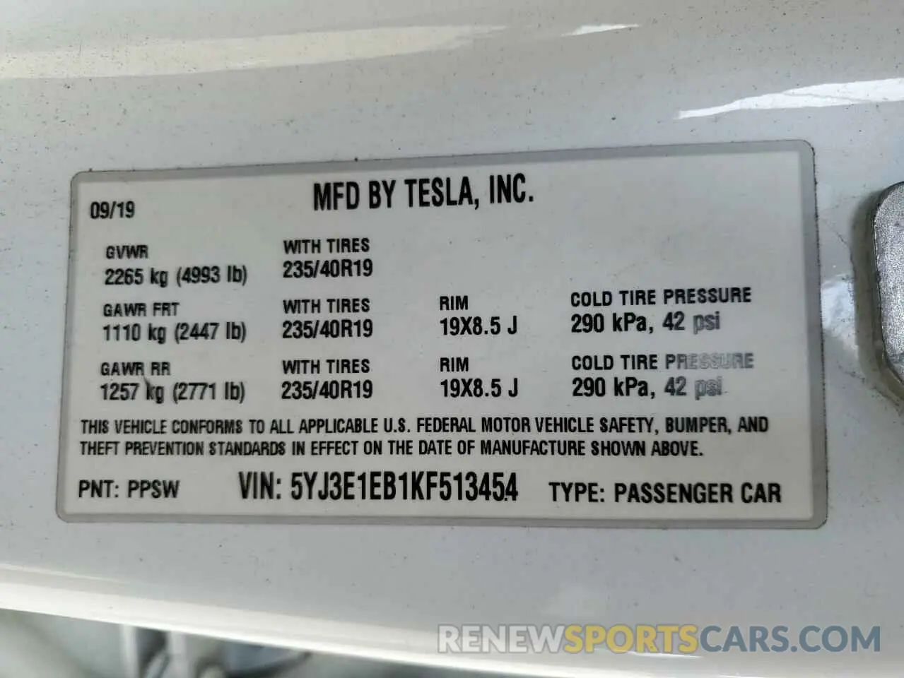 12 fotografías del automóvil dañado 5YJ3E1EB1KF513454 TESLA MODEL 3 2019