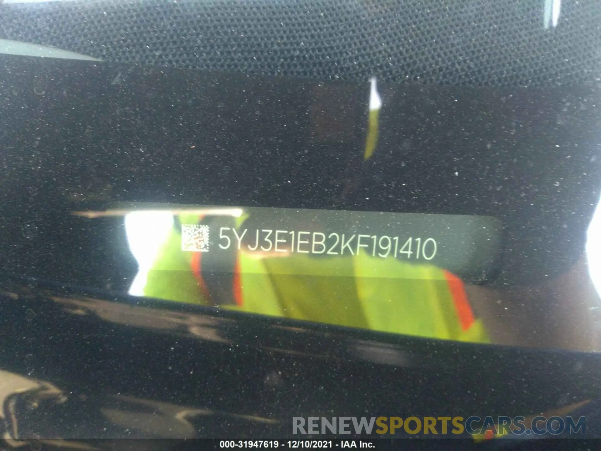 9 fotografías del automóvil dañado 5YJ3E1EB2KF191410 TESLA MODEL 3 2019