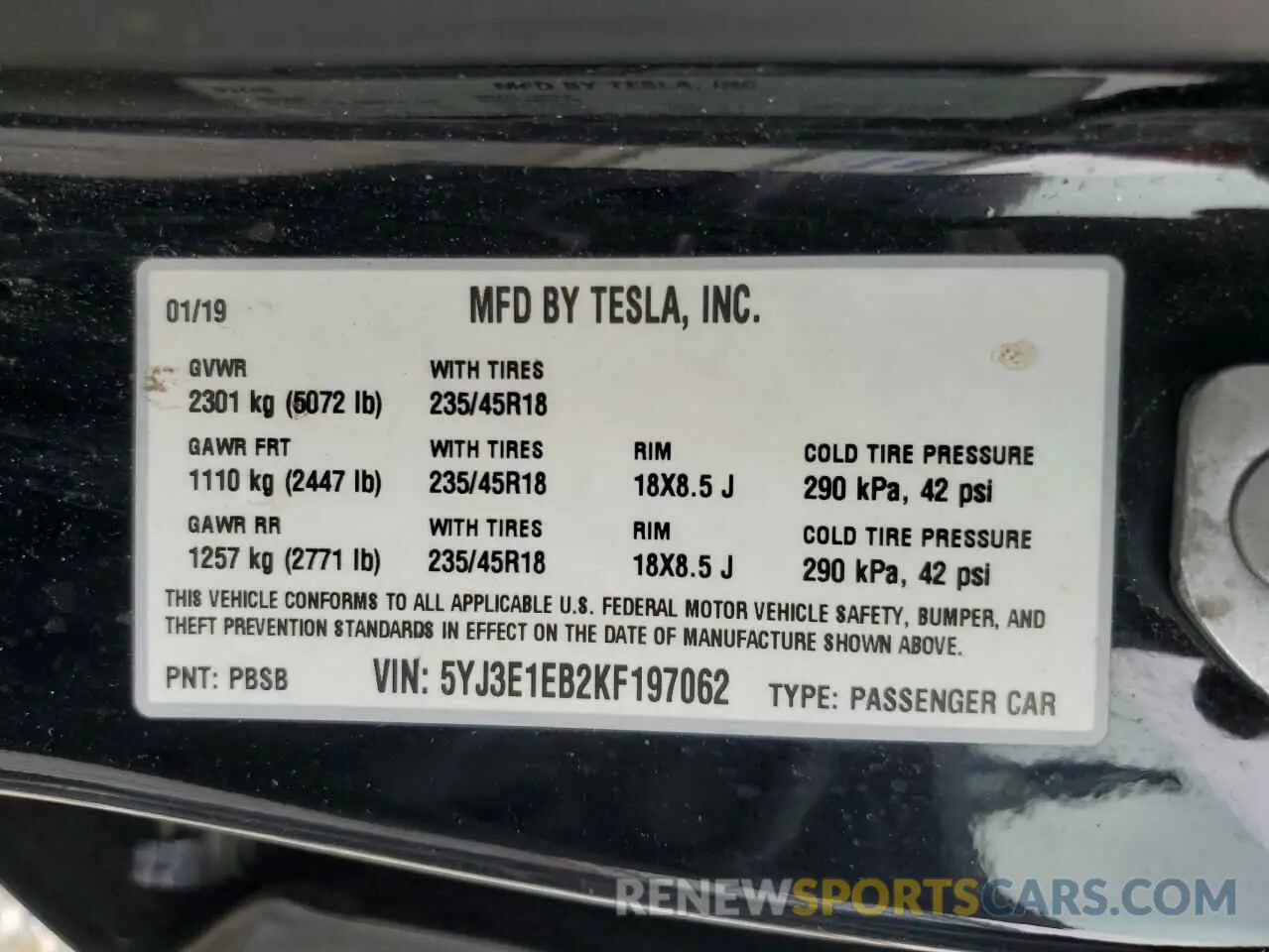14 fotografías del automóvil dañado 5YJ3E1EB2KF197062 TESLA MODEL 3 2019