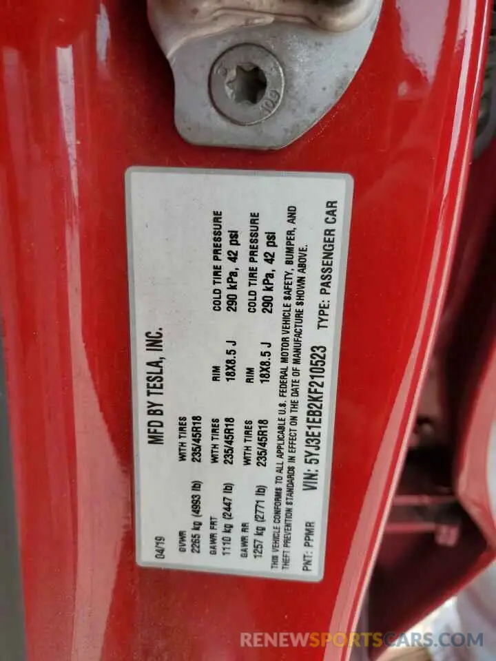 12 fotografías del automóvil dañado 5YJ3E1EB2KF210523 TESLA MODEL 3 2019