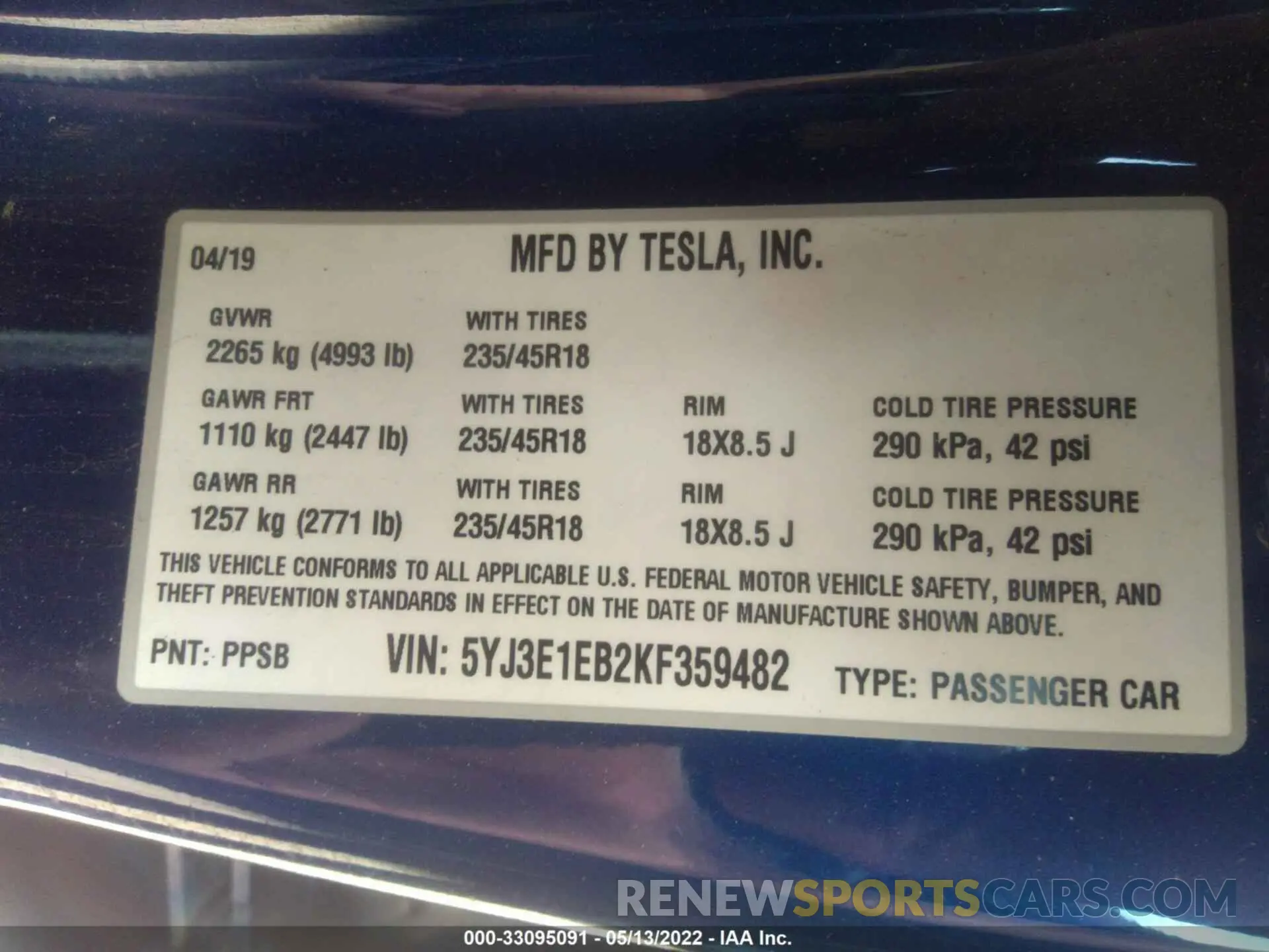 9 fotografías del automóvil dañado 5YJ3E1EB2KF359482 TESLA MODEL 3 2019
