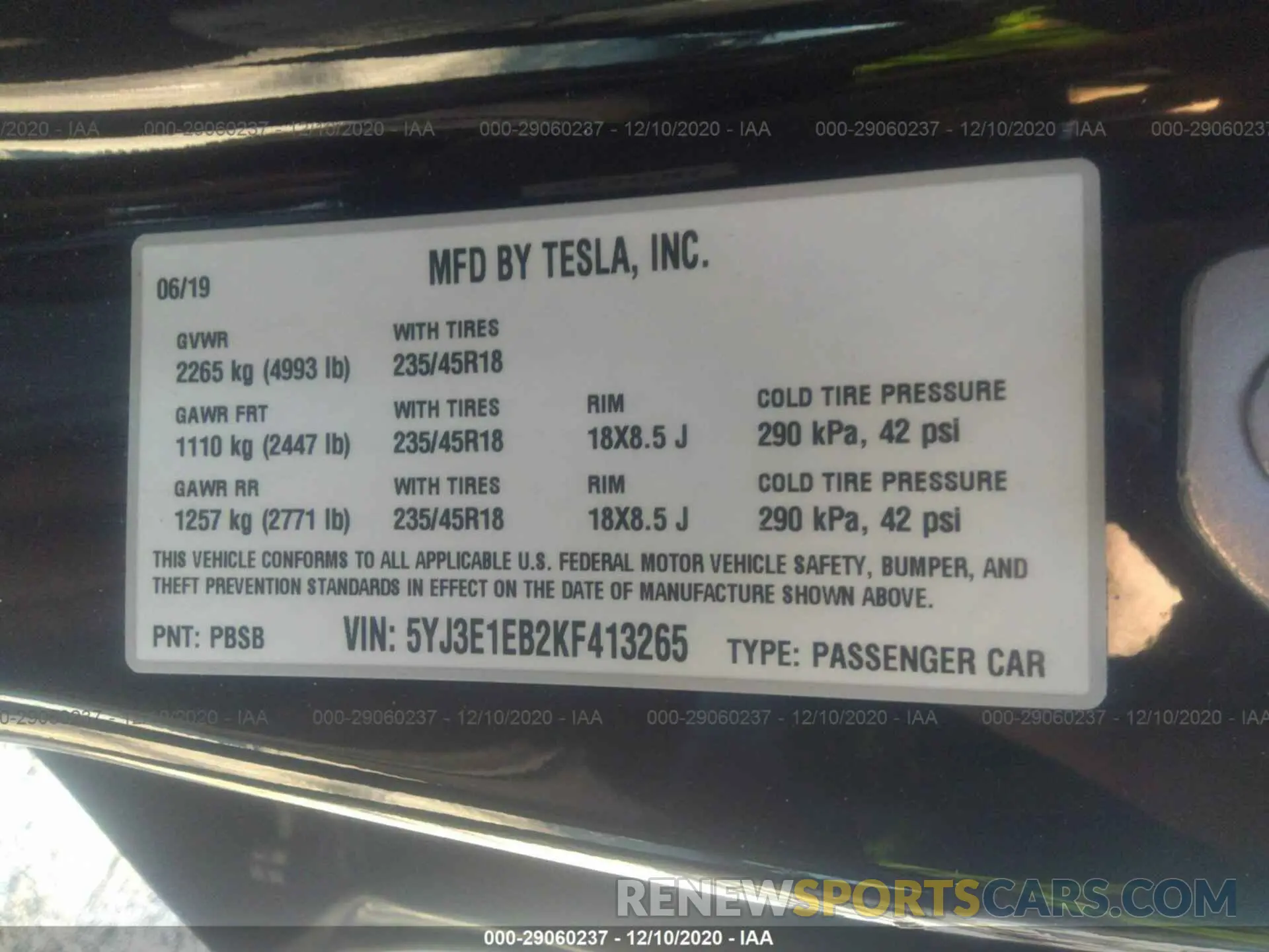 9 fotografías del automóvil dañado 5YJ3E1EB2KF413265 TESLA MODEL 3 2019