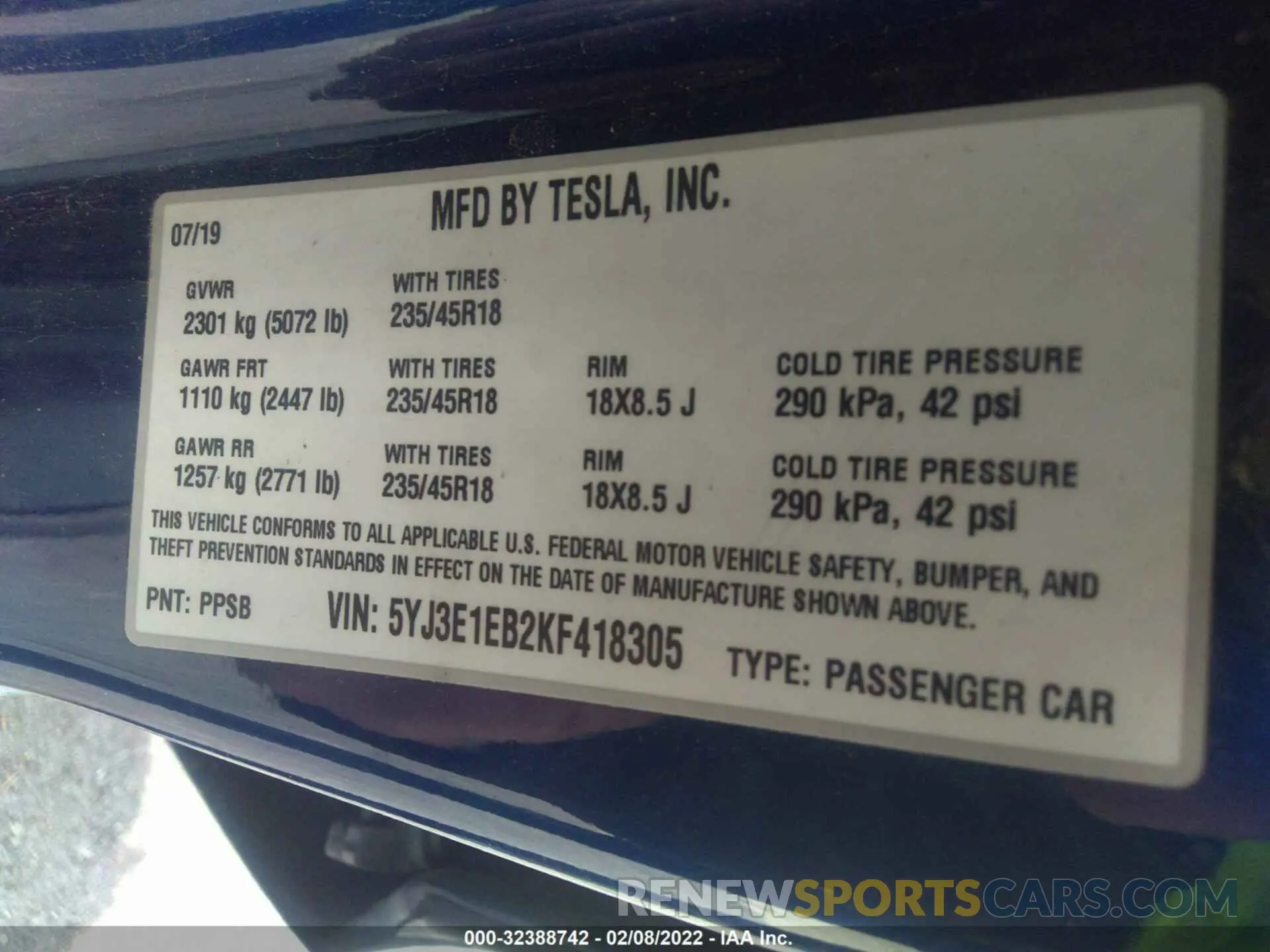 9 fotografías del automóvil dañado 5YJ3E1EB2KF418305 TESLA MODEL 3 2019