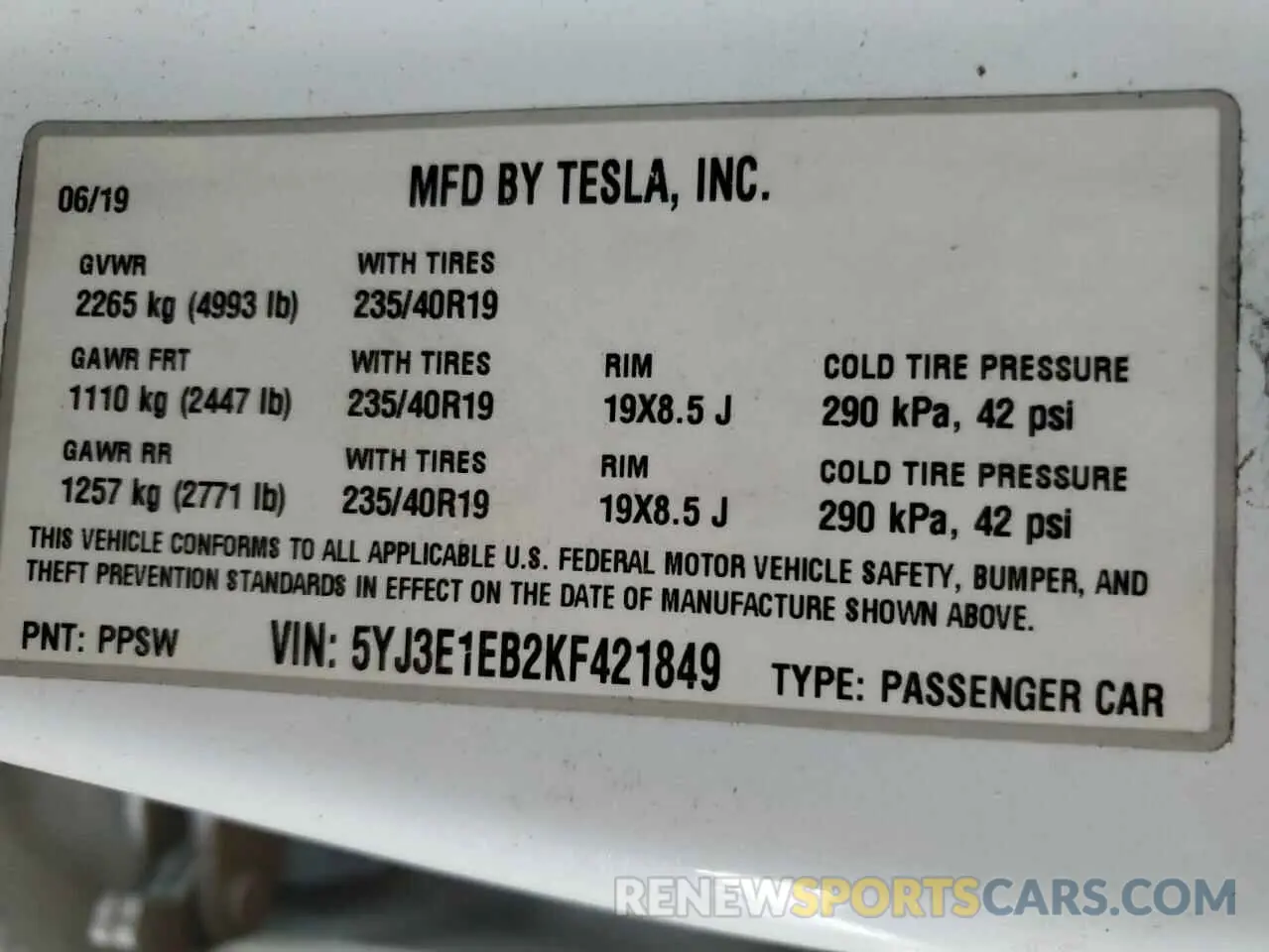 14 fotografías del automóvil dañado 5YJ3E1EB2KF421849 TESLA MODEL 3 2019