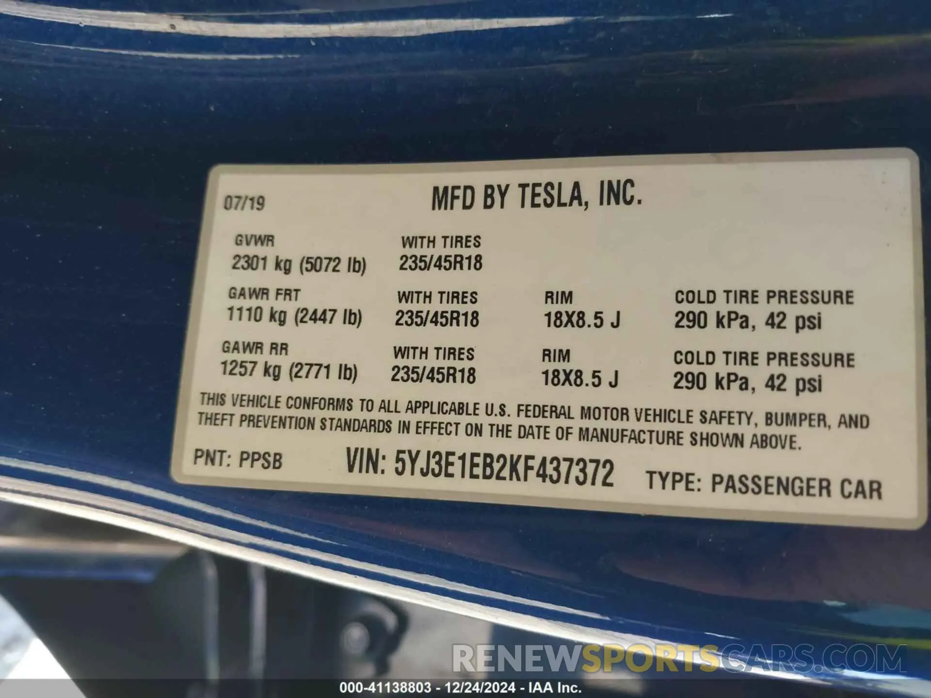 9 fotografías del automóvil dañado 5YJ3E1EB2KF437372 TESLA MODEL 3 2019