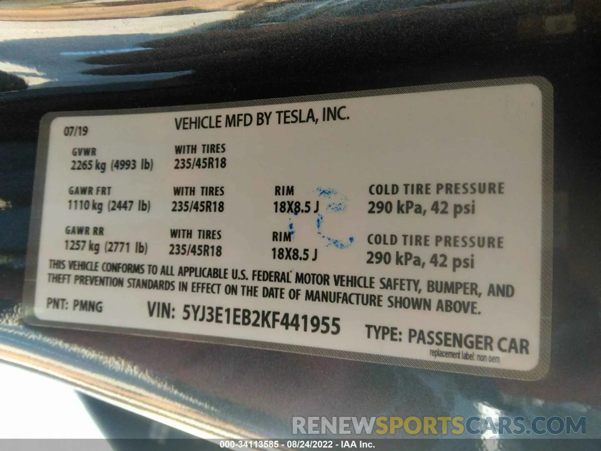 9 fotografías del automóvil dañado 5YJ3E1EB2KF441955 TESLA MODEL 3 2019