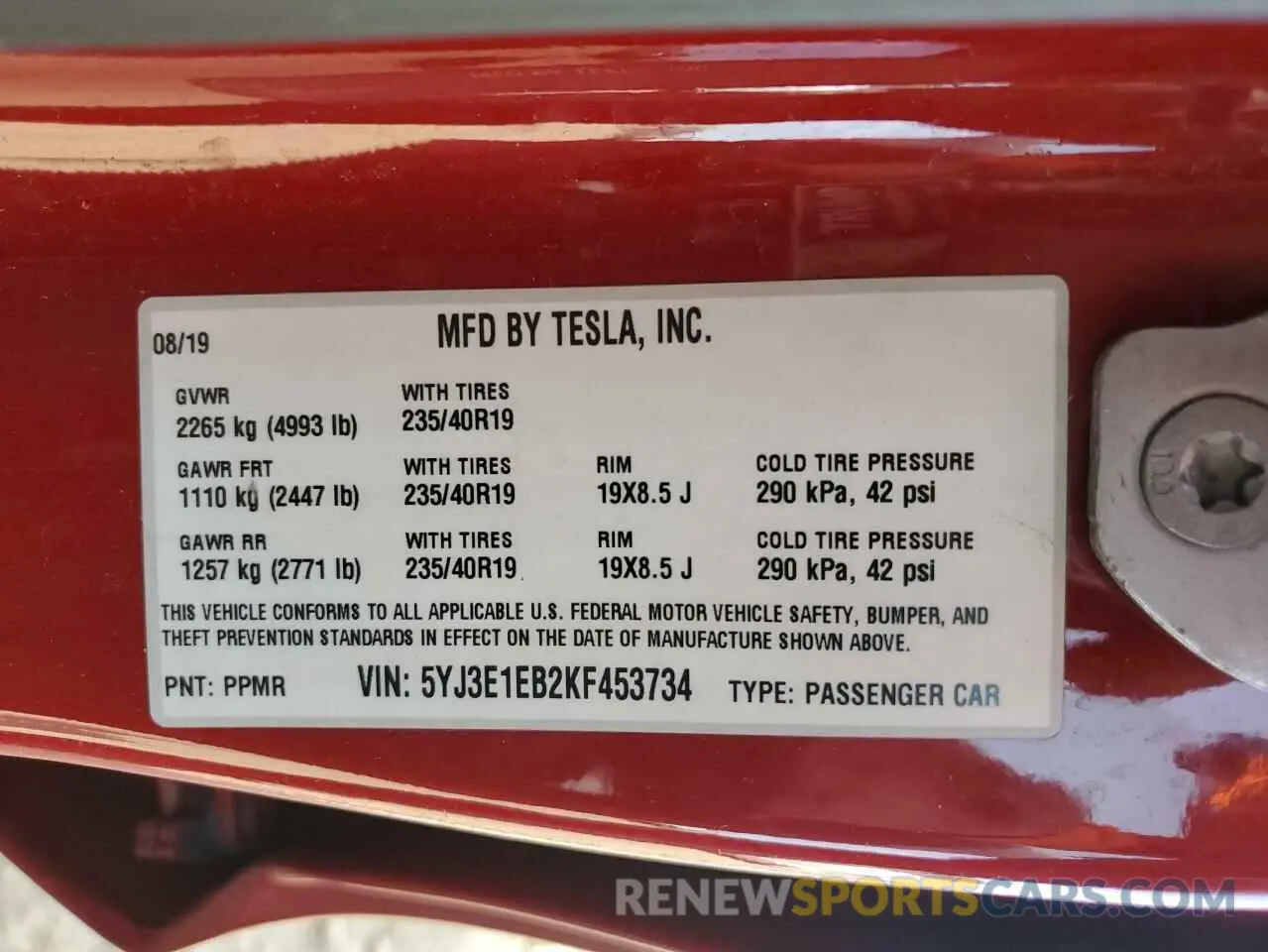 14 fotografías del automóvil dañado 5YJ3E1EB2KF453734 TESLA MODEL 3 2019