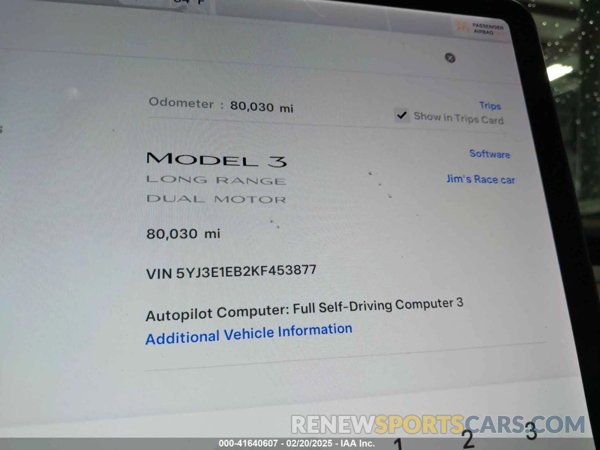 7 fotografías del automóvil dañado 5YJ3E1EB2KF453877 TESLA MODEL 3 2019