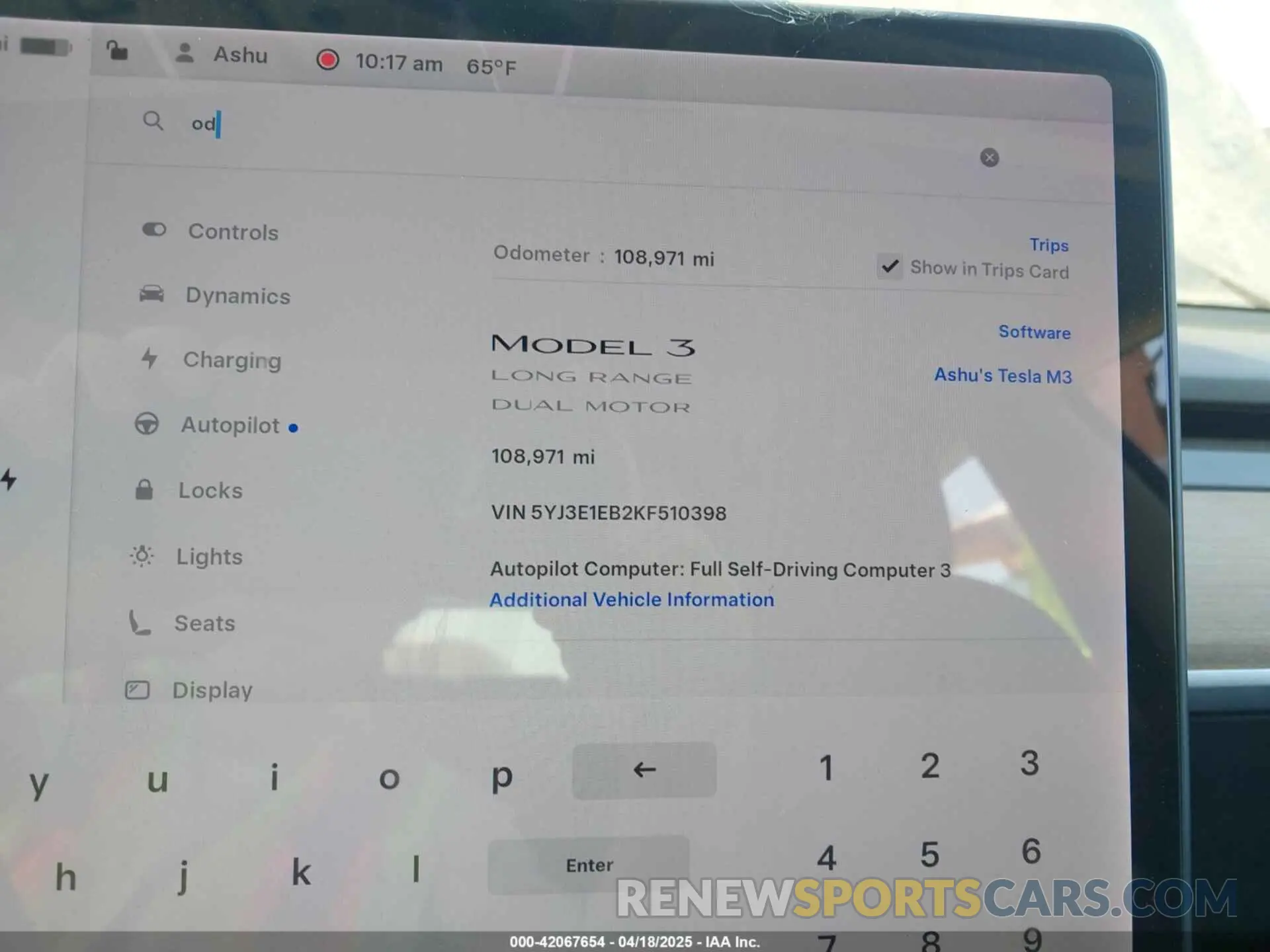 7 fotografías del automóvil dañado 5YJ3E1EB2KF510398 TESLA MODEL 3 2019