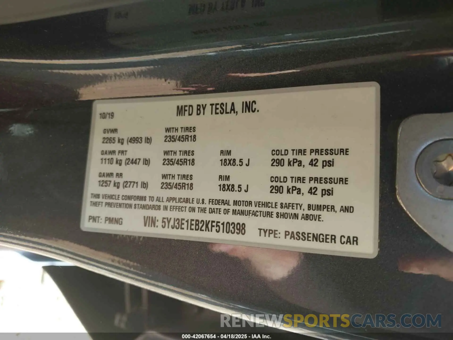 9 fotografías del automóvil dañado 5YJ3E1EB2KF510398 TESLA MODEL 3 2019