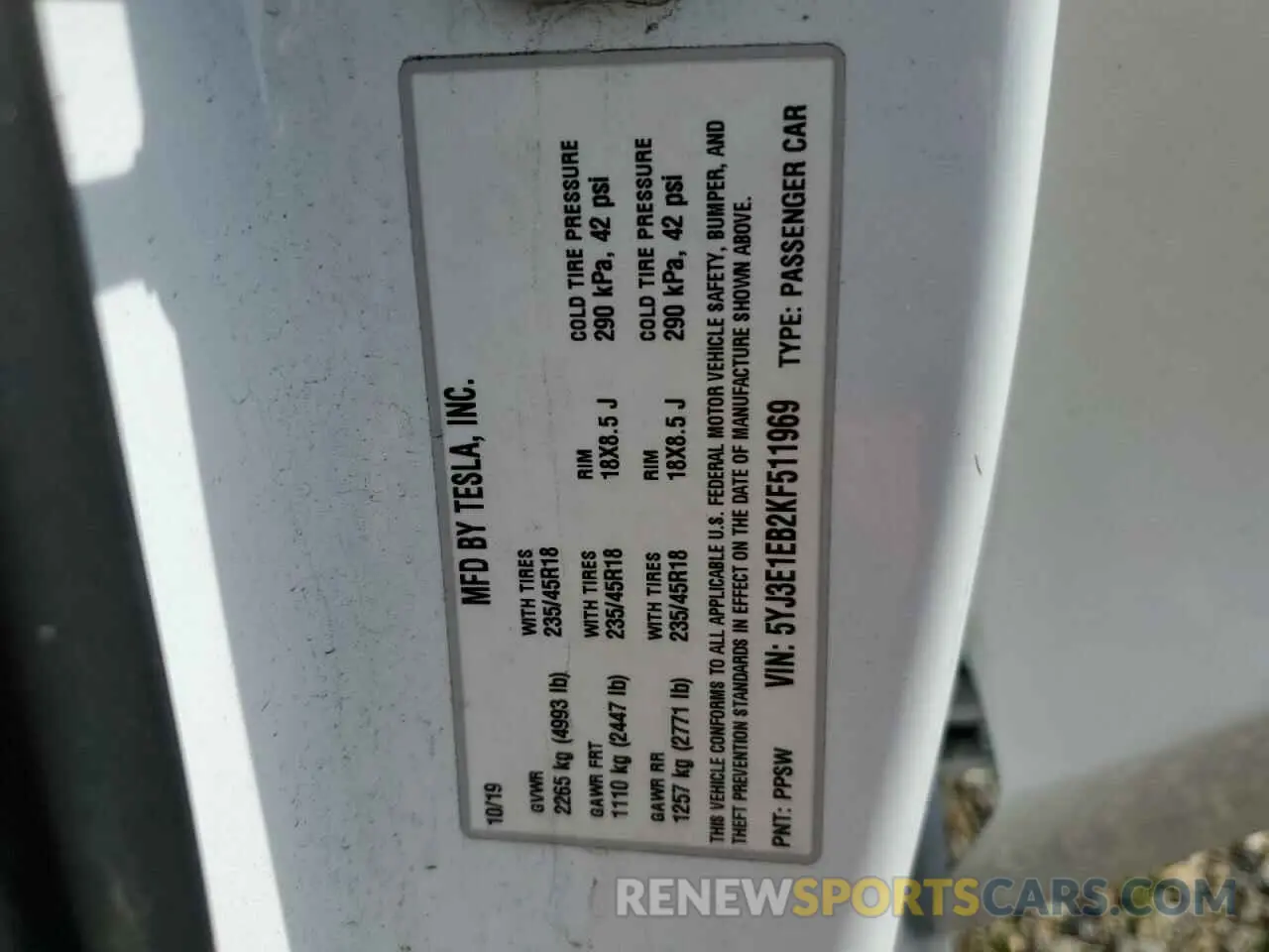 14 fotografías del automóvil dañado 5YJ3E1EB2KF511969 TESLA MODEL 3 2019