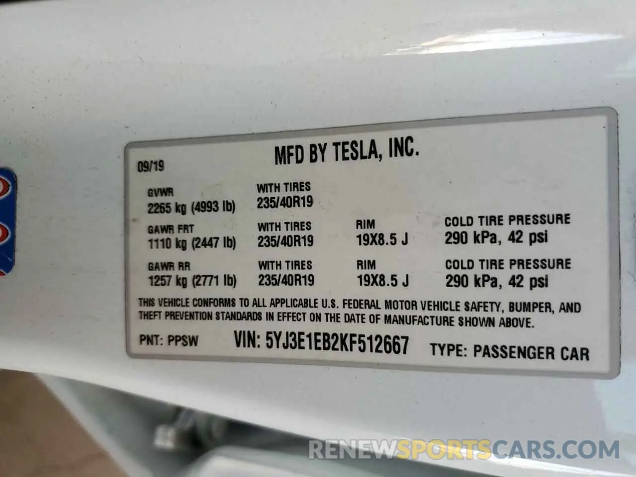 13 fotografías del automóvil dañado 5YJ3E1EB2KF512667 TESLA MODEL 3 2019
