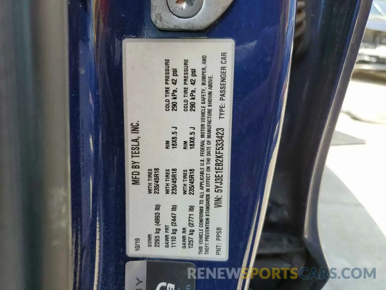 12 fotografías del automóvil dañado 5YJ3E1EB2KF533423 TESLA MODEL 3 2019