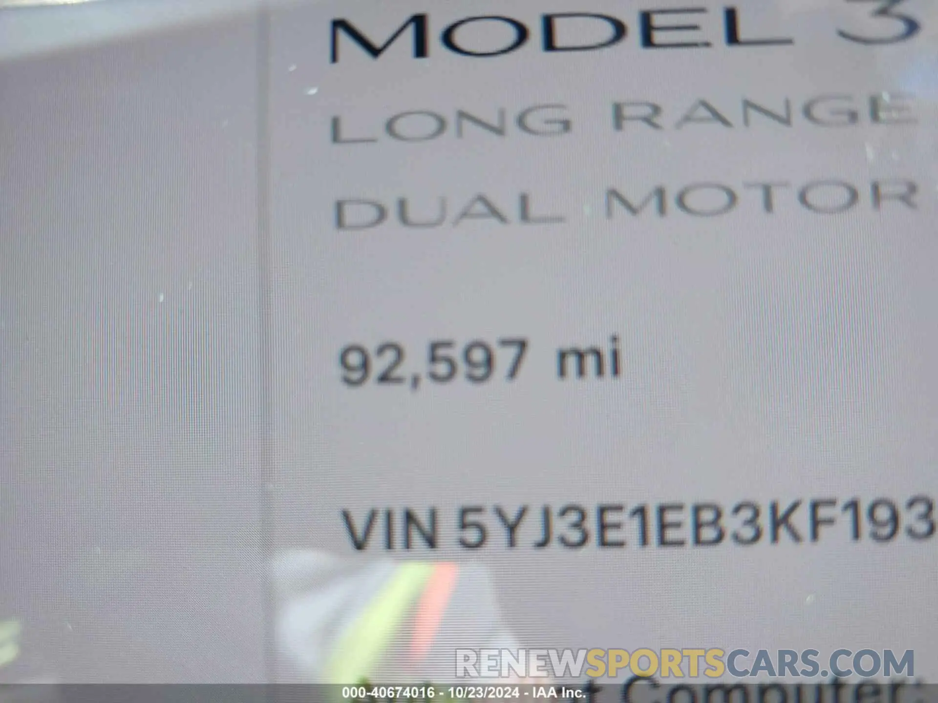 15 fotografías del automóvil dañado 5YJ3E1EB3KF193747 TESLA MODEL 3 2019
