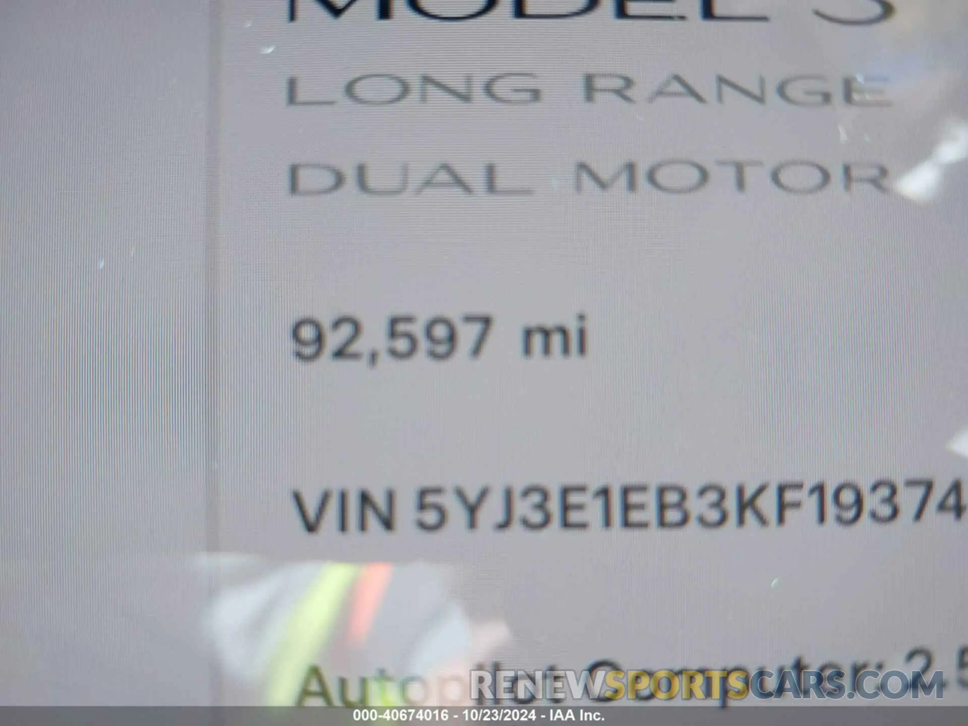 7 fotografías del automóvil dañado 5YJ3E1EB3KF193747 TESLA MODEL 3 2019