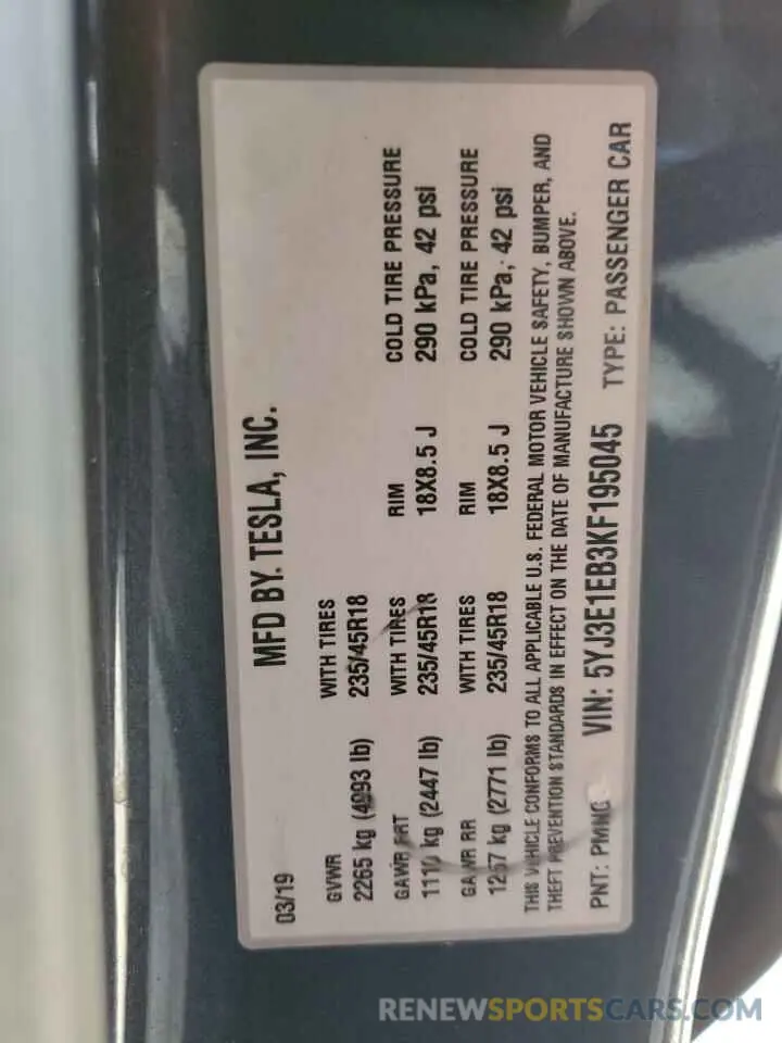 12 fotografías del automóvil dañado 5YJ3E1EB3KF195045 TESLA MODEL 3 2019