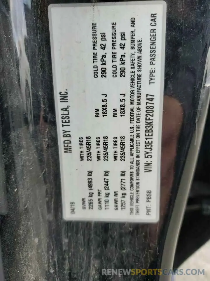 13 fotografías del automóvil dañado 5YJ3E1EB3KF208747 TESLA MODEL 3 2019