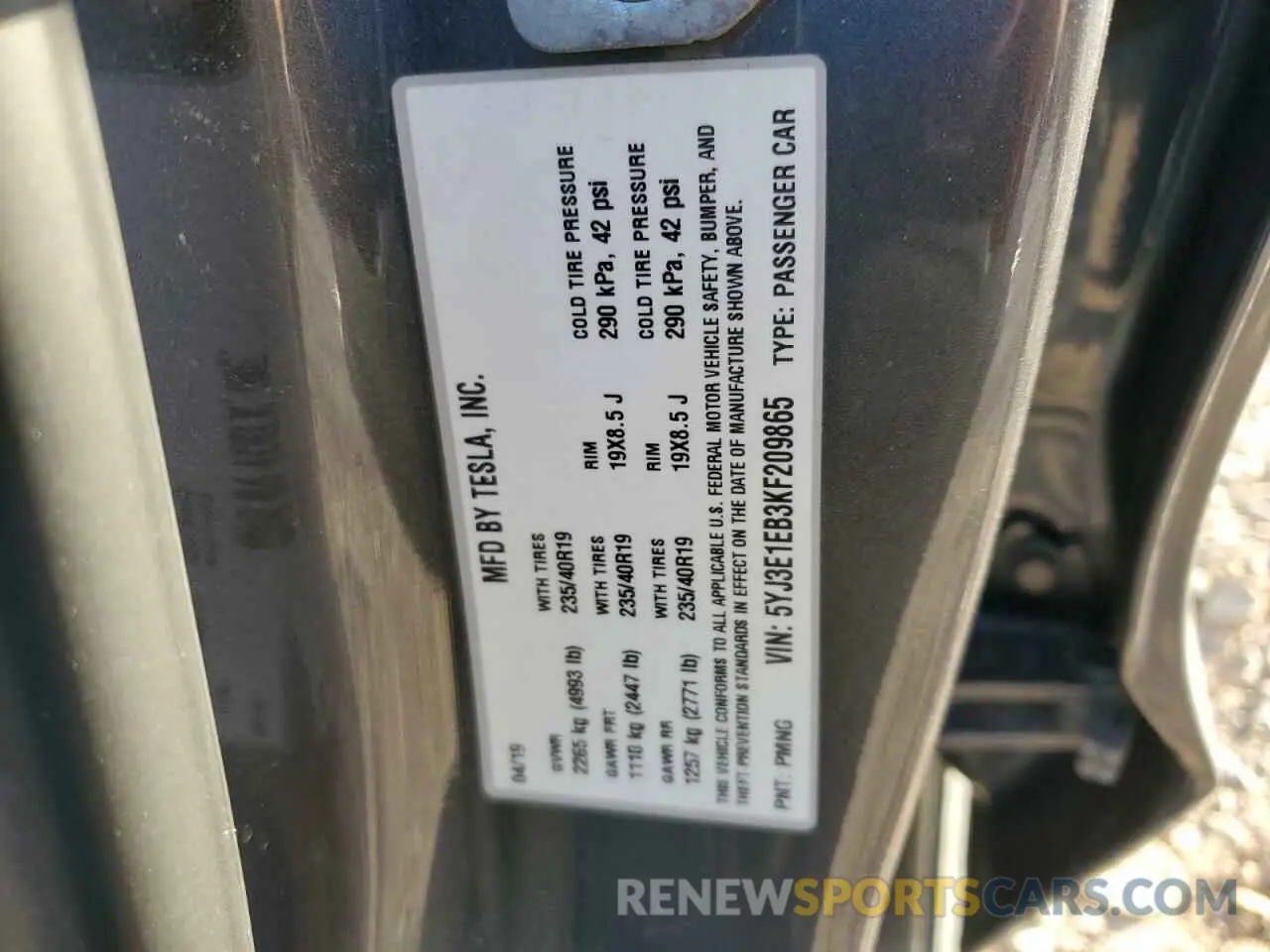 12 fotografías del automóvil dañado 5YJ3E1EB3KF209865 TESLA MODEL 3 2019